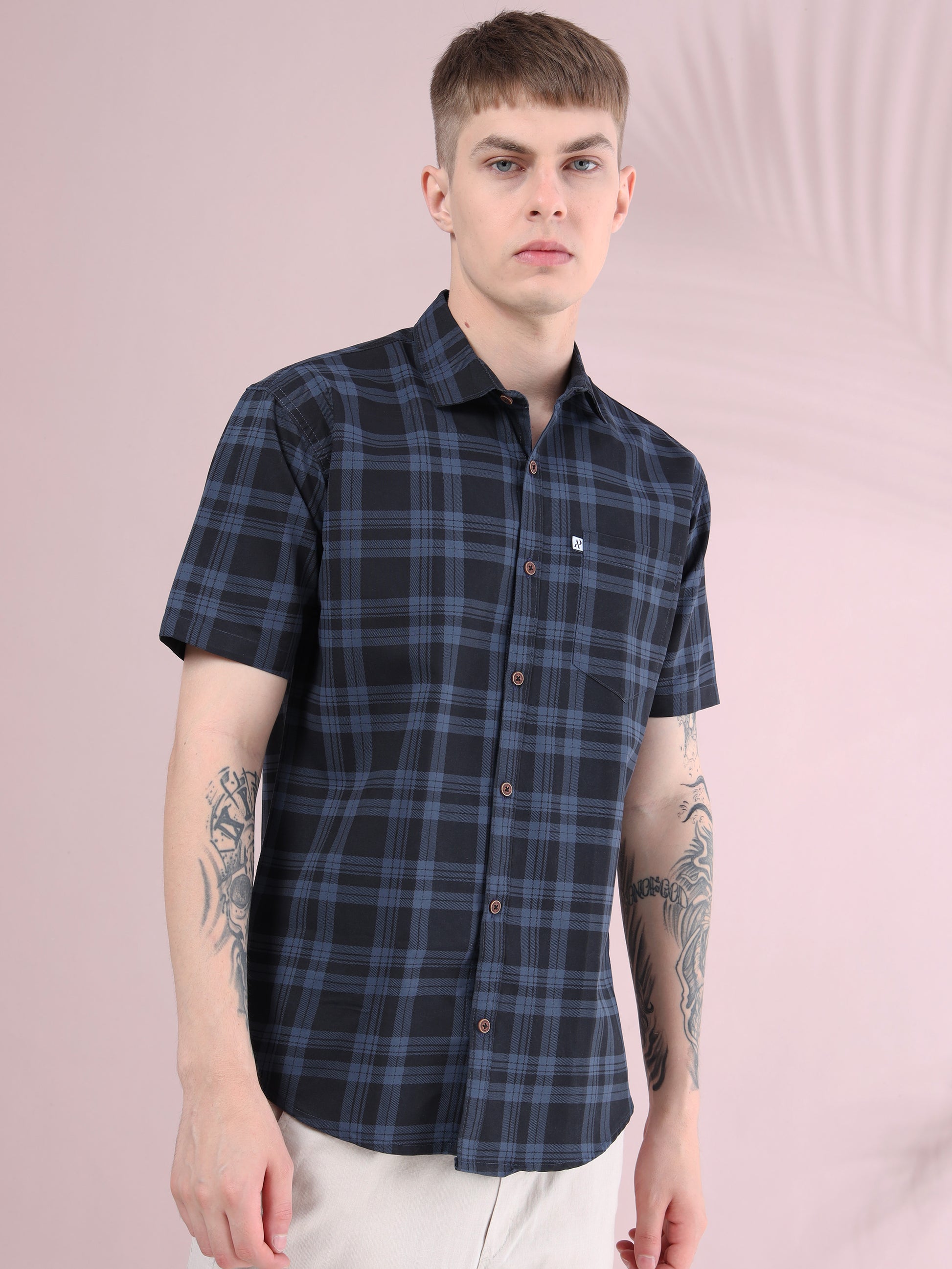 Stylish men’s ash grey and black checked short sleeve shirt in slim fit casual style.