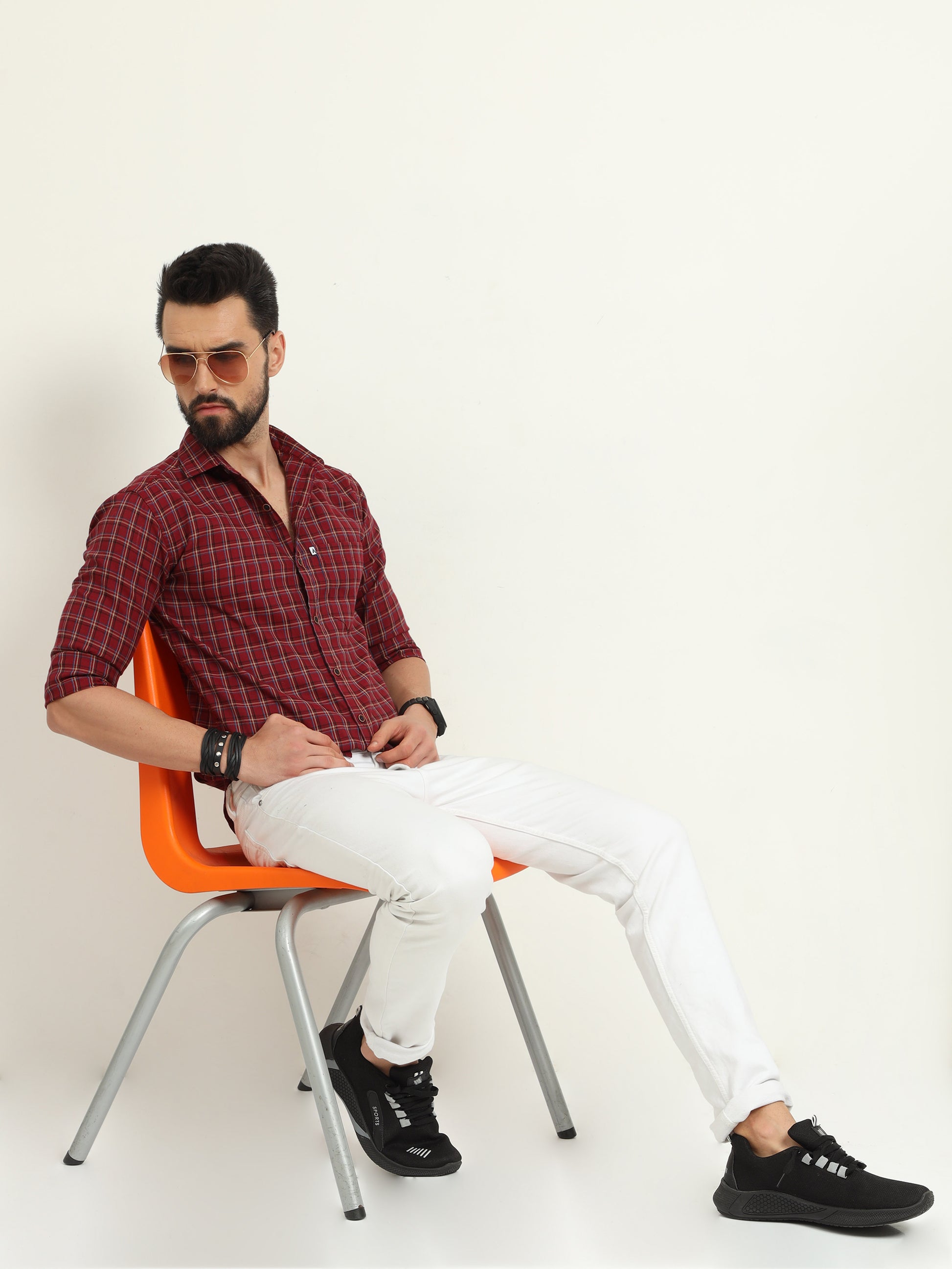 Cotton Mini Rust Red Plaid Shirt for Men