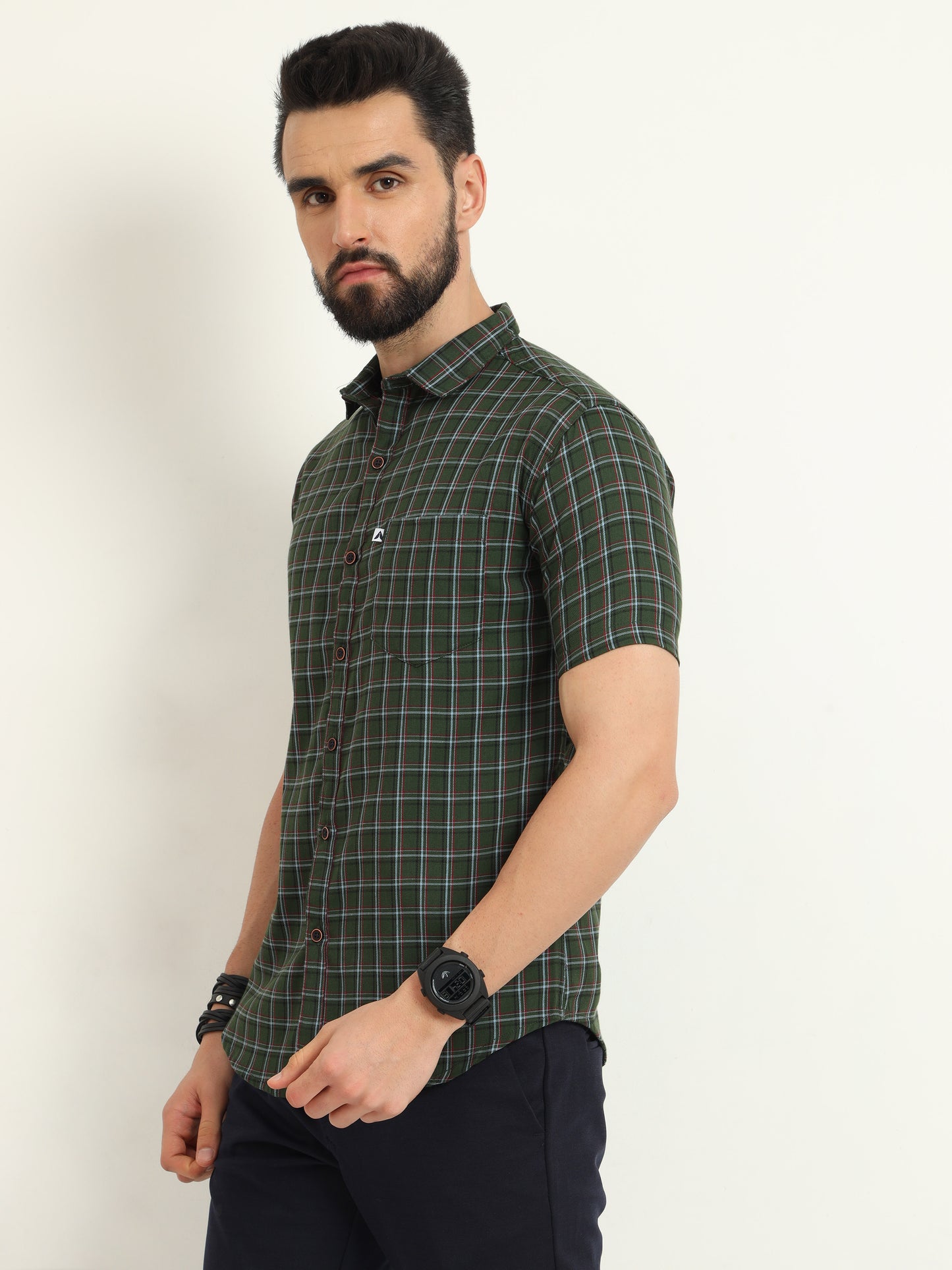 Half Sleeve Tattersall Mens Green Checked Shirt Regular Fit