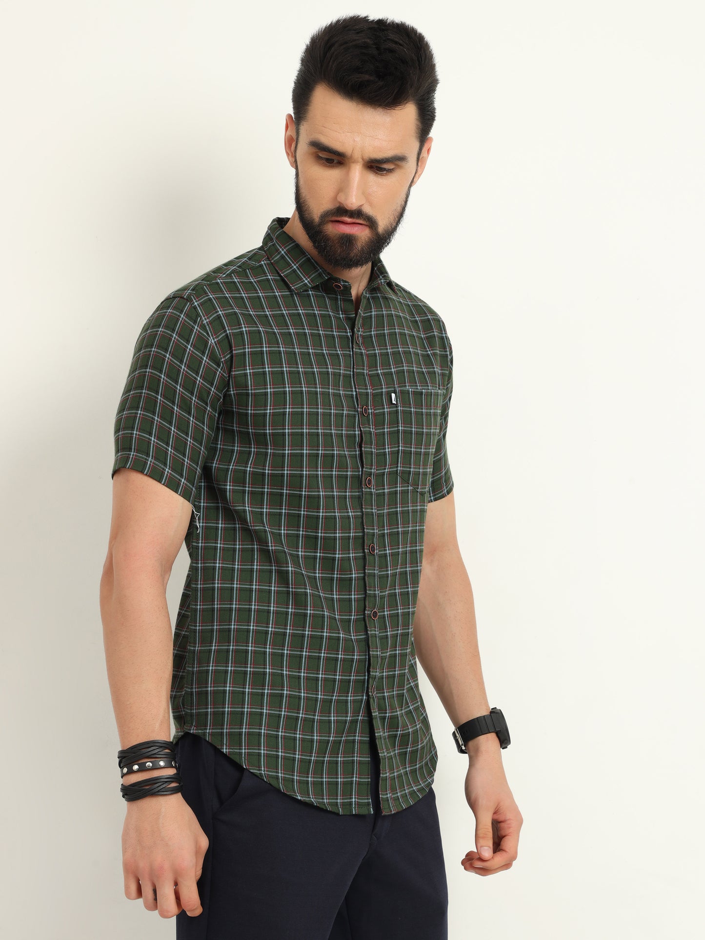 Half Sleeve Tattersall Mens Green Checked Shirt Regular Fit
