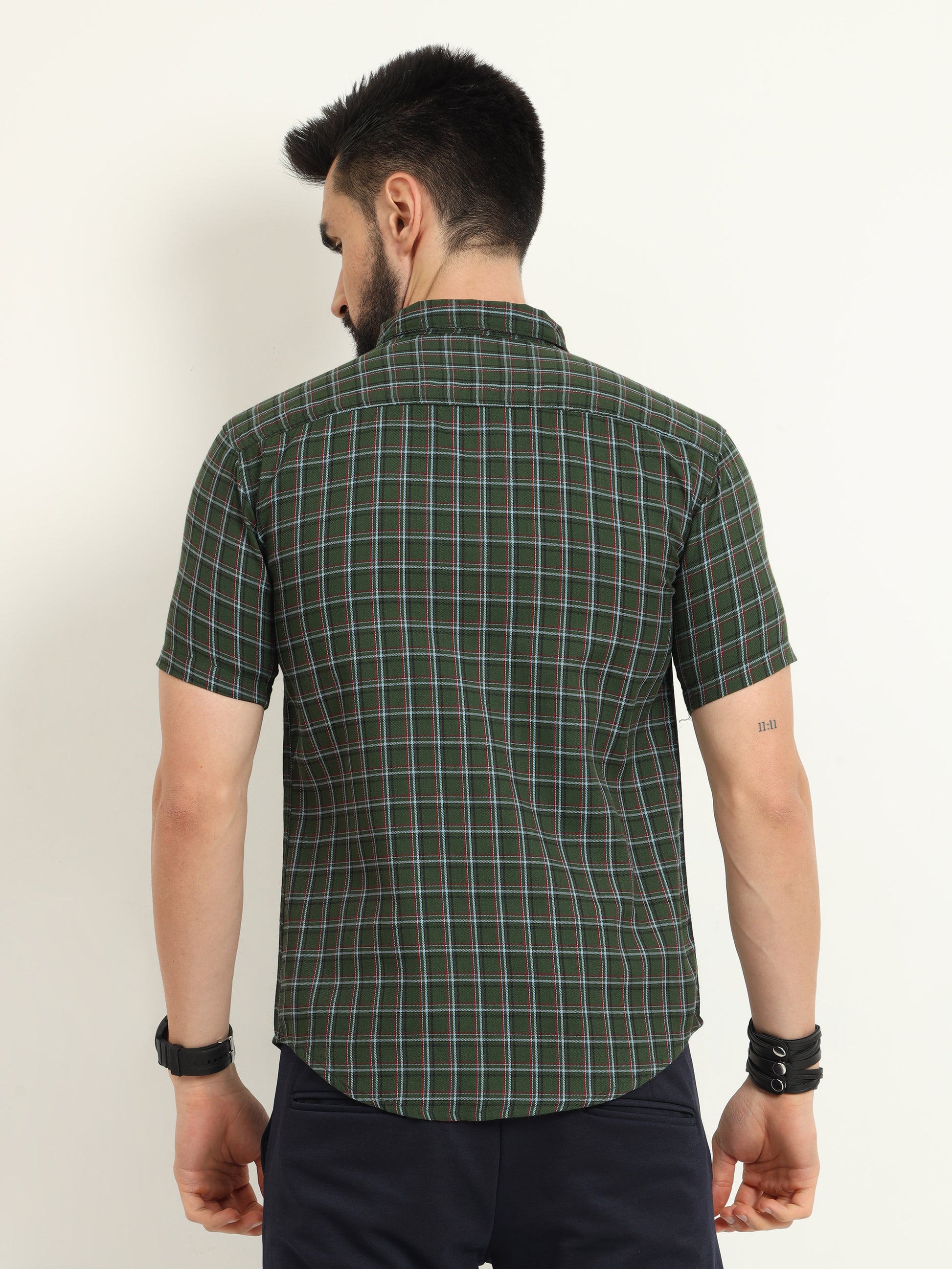 Half Sleeve Tattersall Mens Green Checked Shirt Regular Fit