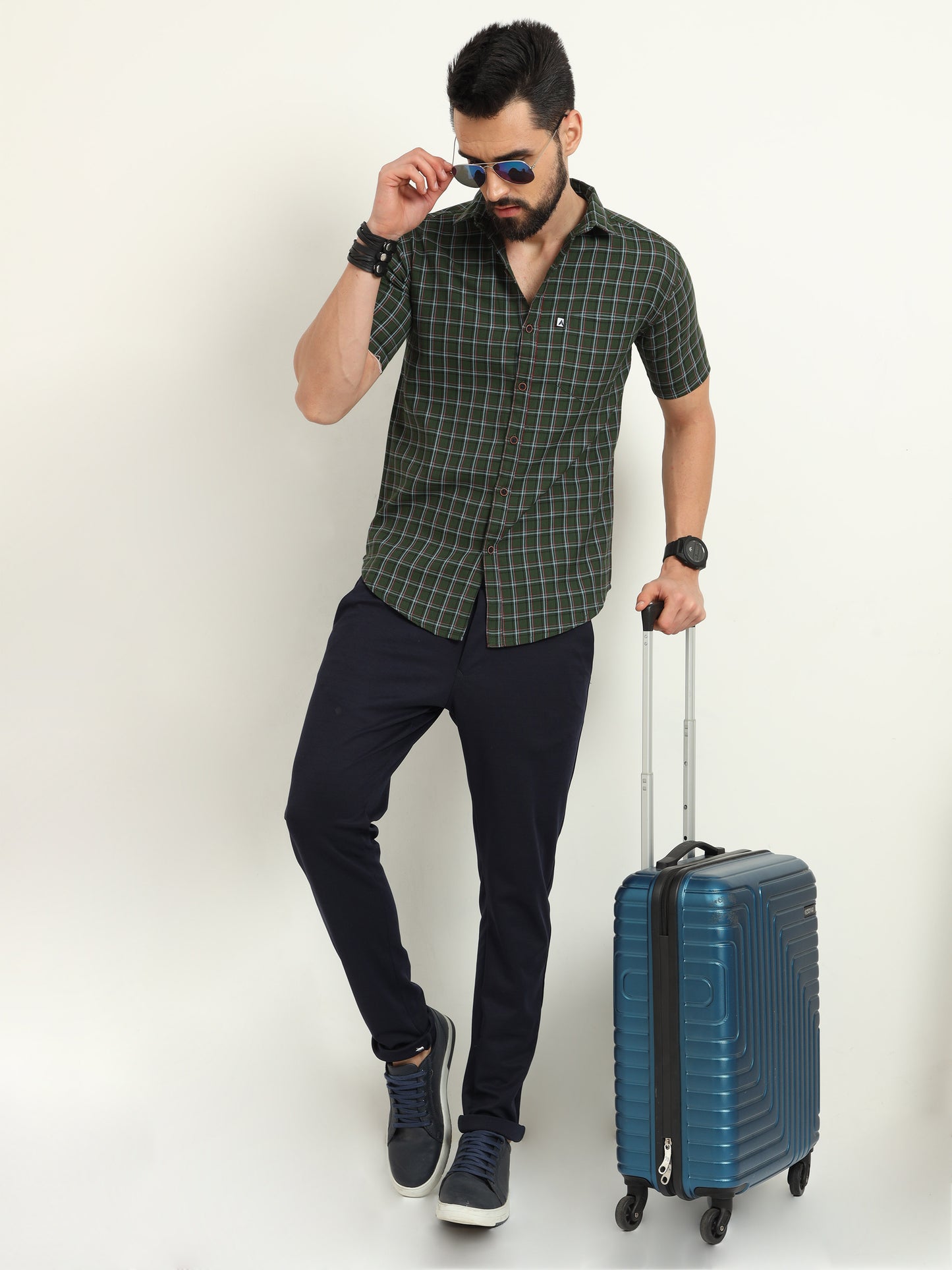 Half Sleeve Tattersall Mens Green Checked Shirt Regular Fit