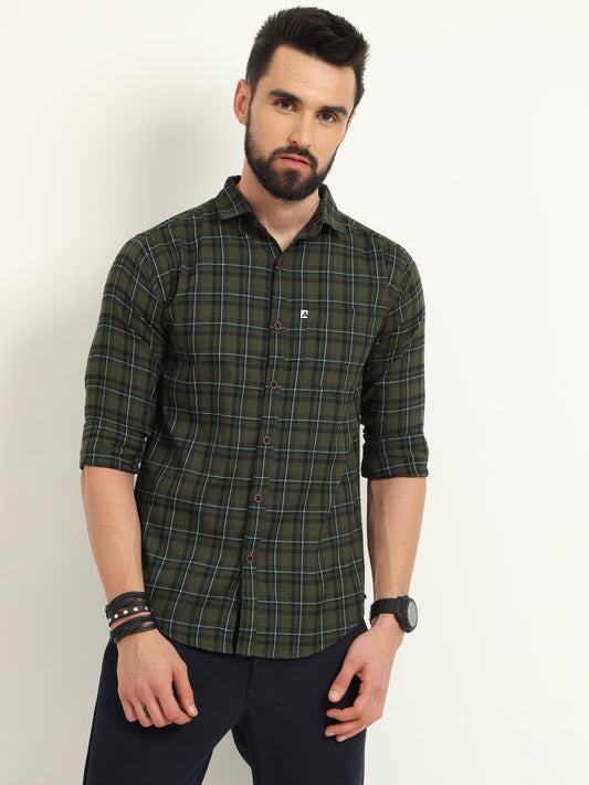 Cotton Green Plaid Shirt with Regular Fit for Men