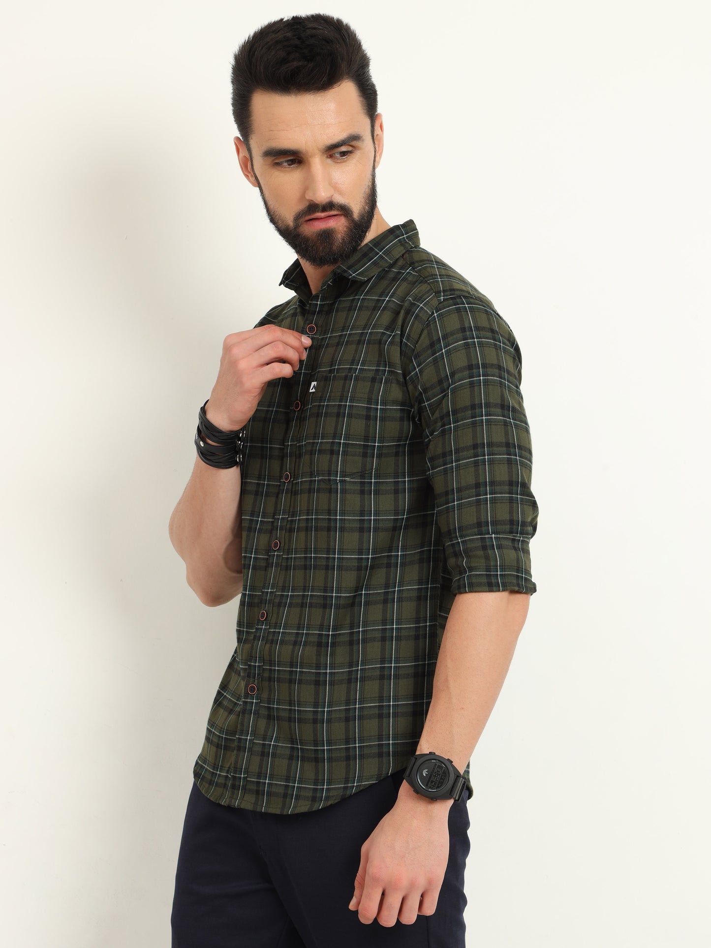 Cotton Green Plaid Shirt with Regular Fit for Men