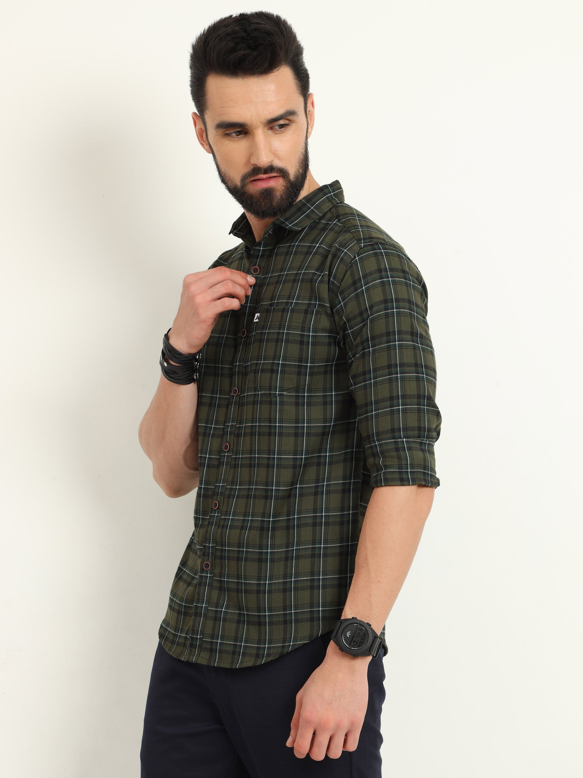 Cotton Green Plaid Shirt with Regular Fit for Men