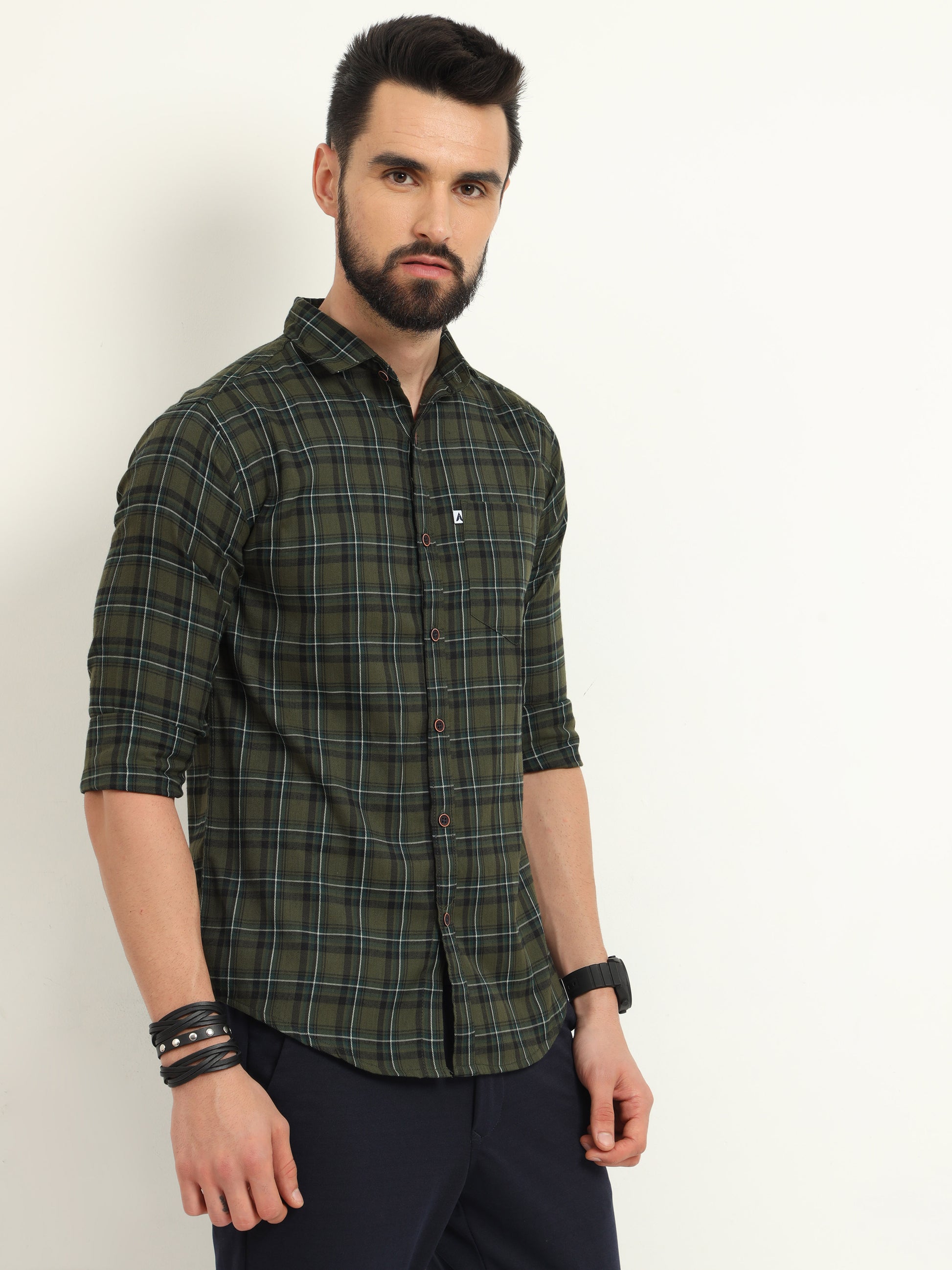 Cotton Green Plaid Shirt with Regular Fit for Men