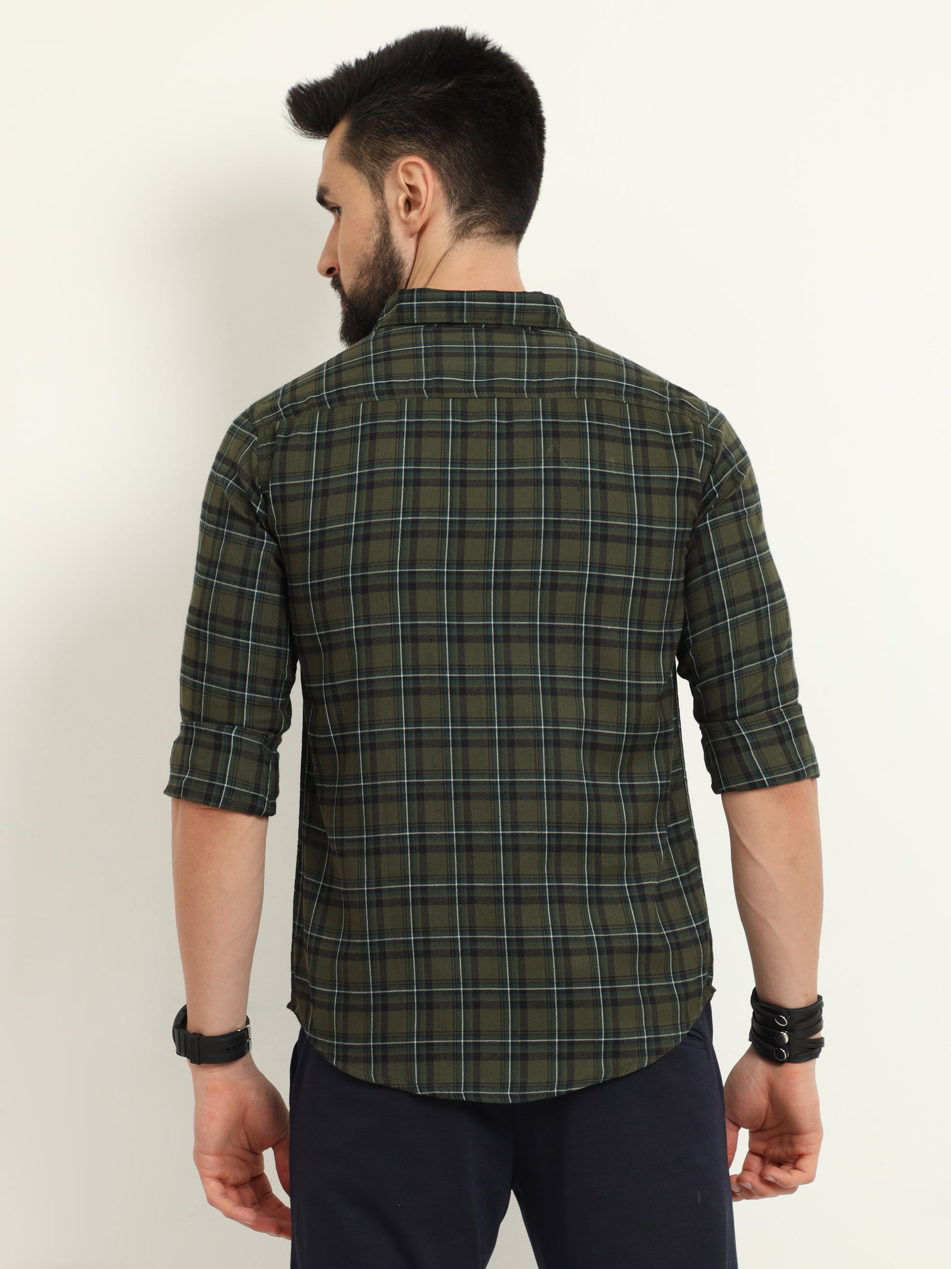 Cotton Green Plaid Shirt with Regular Fit for Men