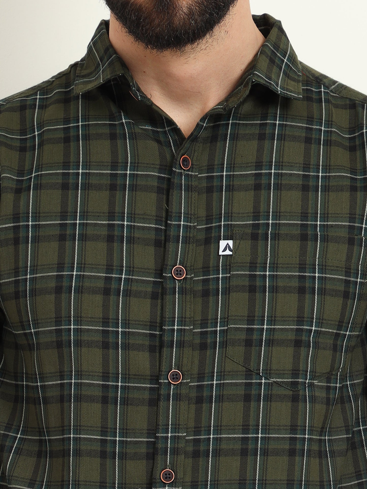 Cotton Green Plaid Shirt with Regular Fit for Men