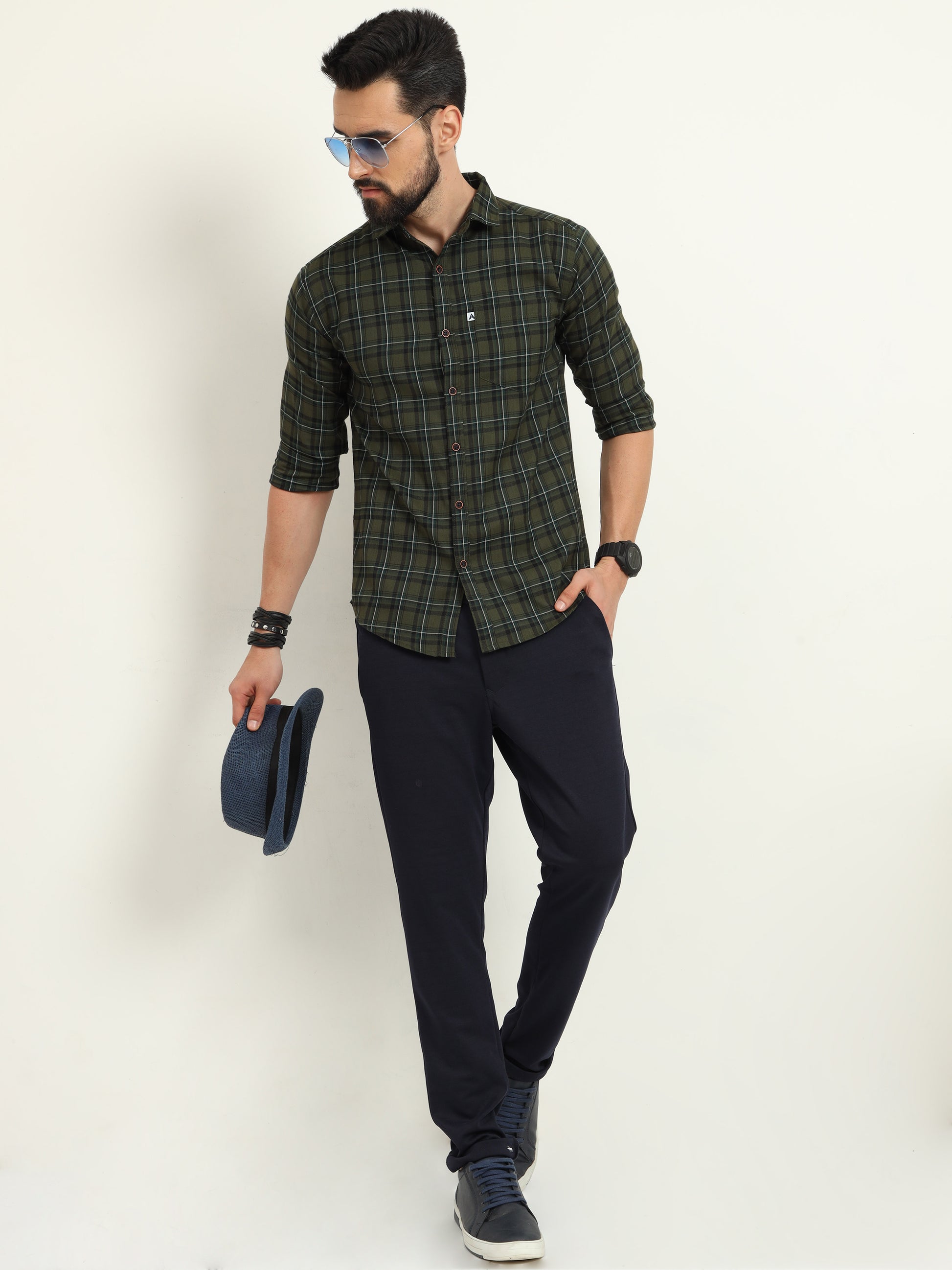 Cotton Green Plaid Shirt with Regular Fit for Men