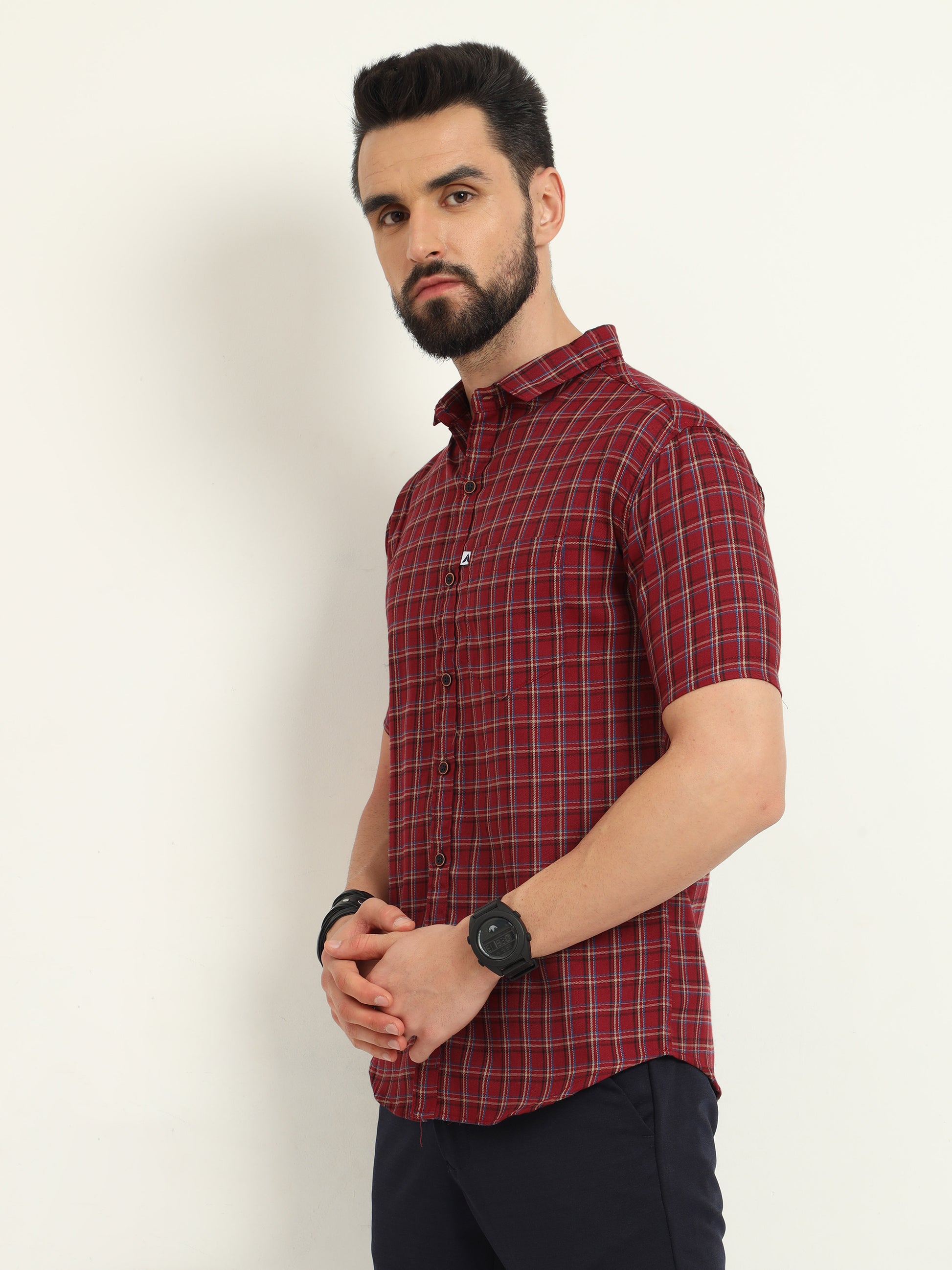 Half Sleeve Tattersall Red Check Shirt Regular Fit
