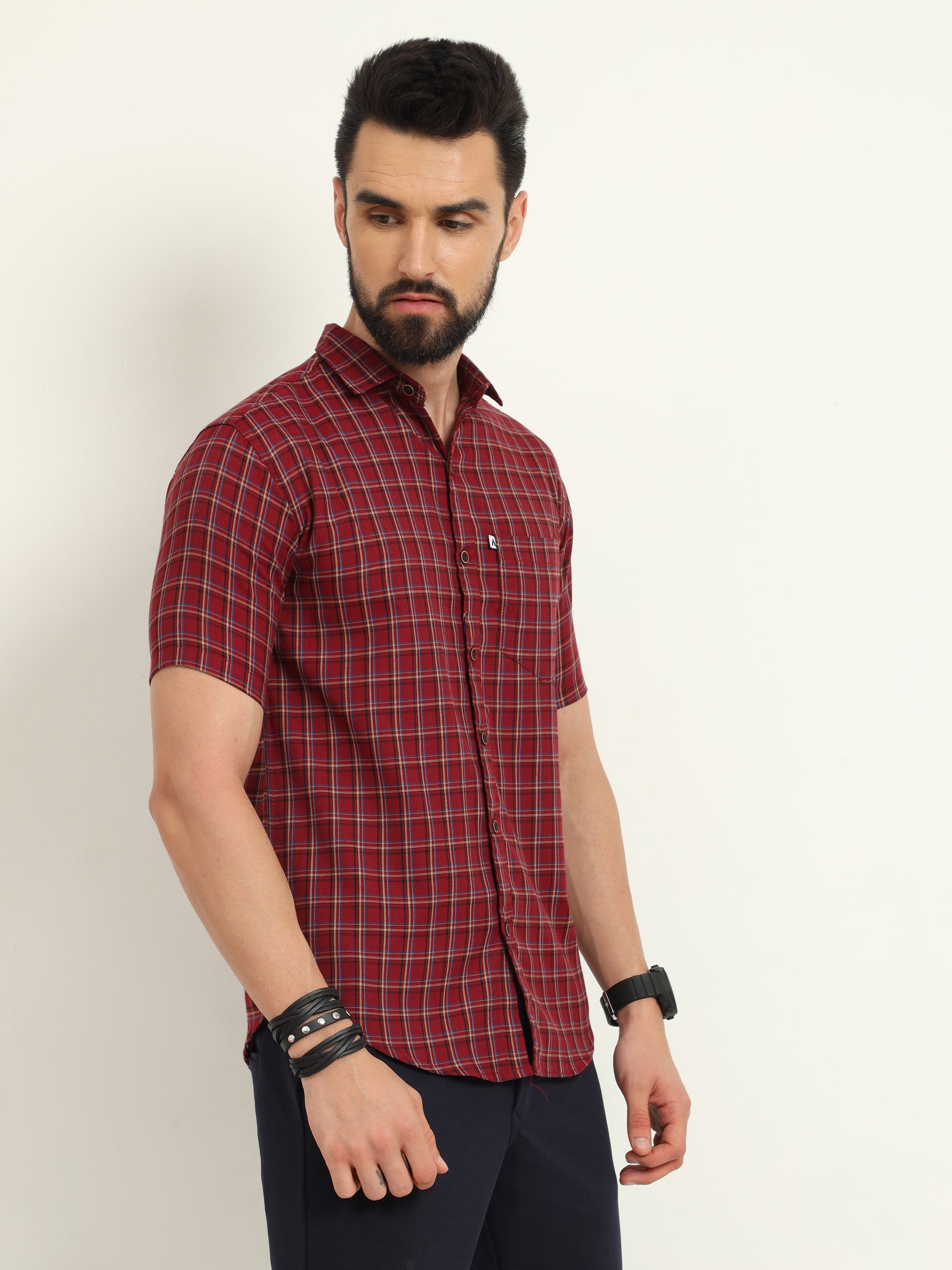 Half Sleeve Tattersall Red Check Shirt Regular Fit
