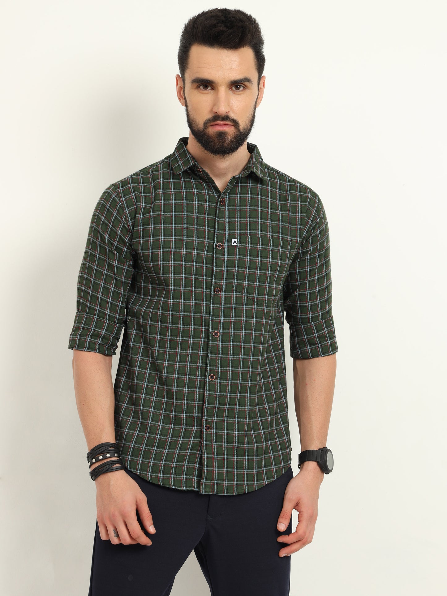 Mini Military Green Checked Shirt for Men