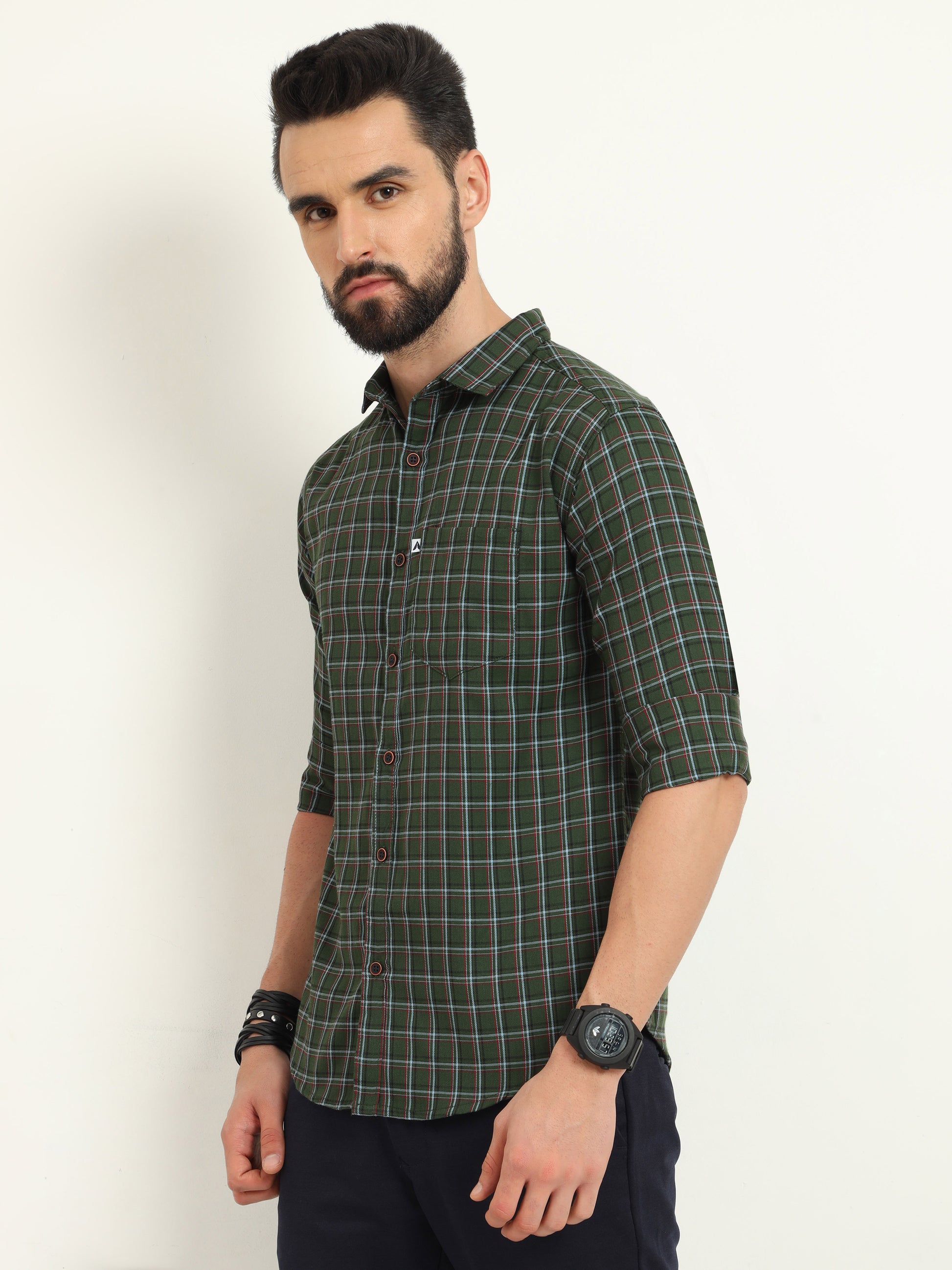 Mini Military Green Checked Shirt for Men