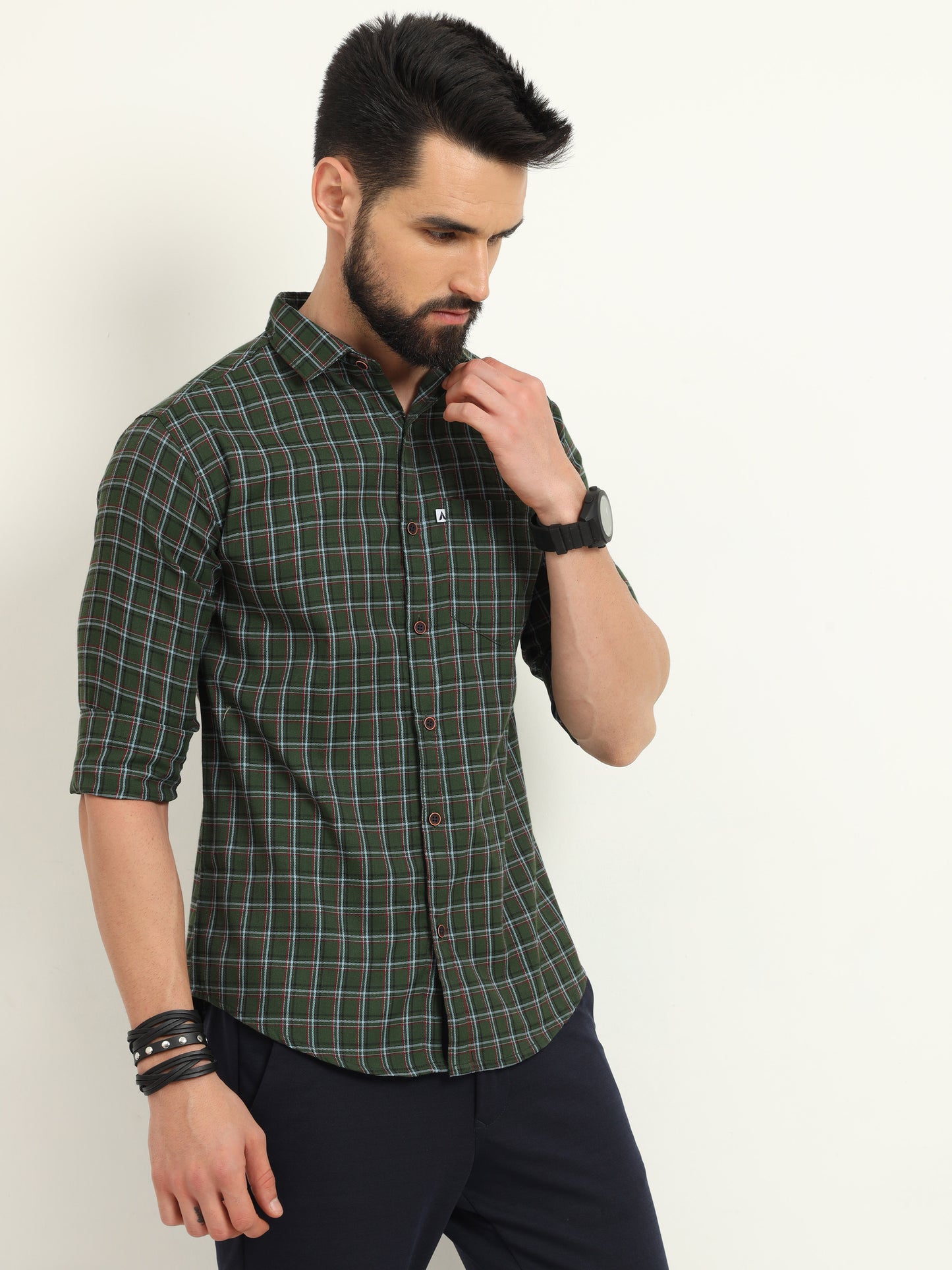 Mini Military Green Checked Shirt for Men