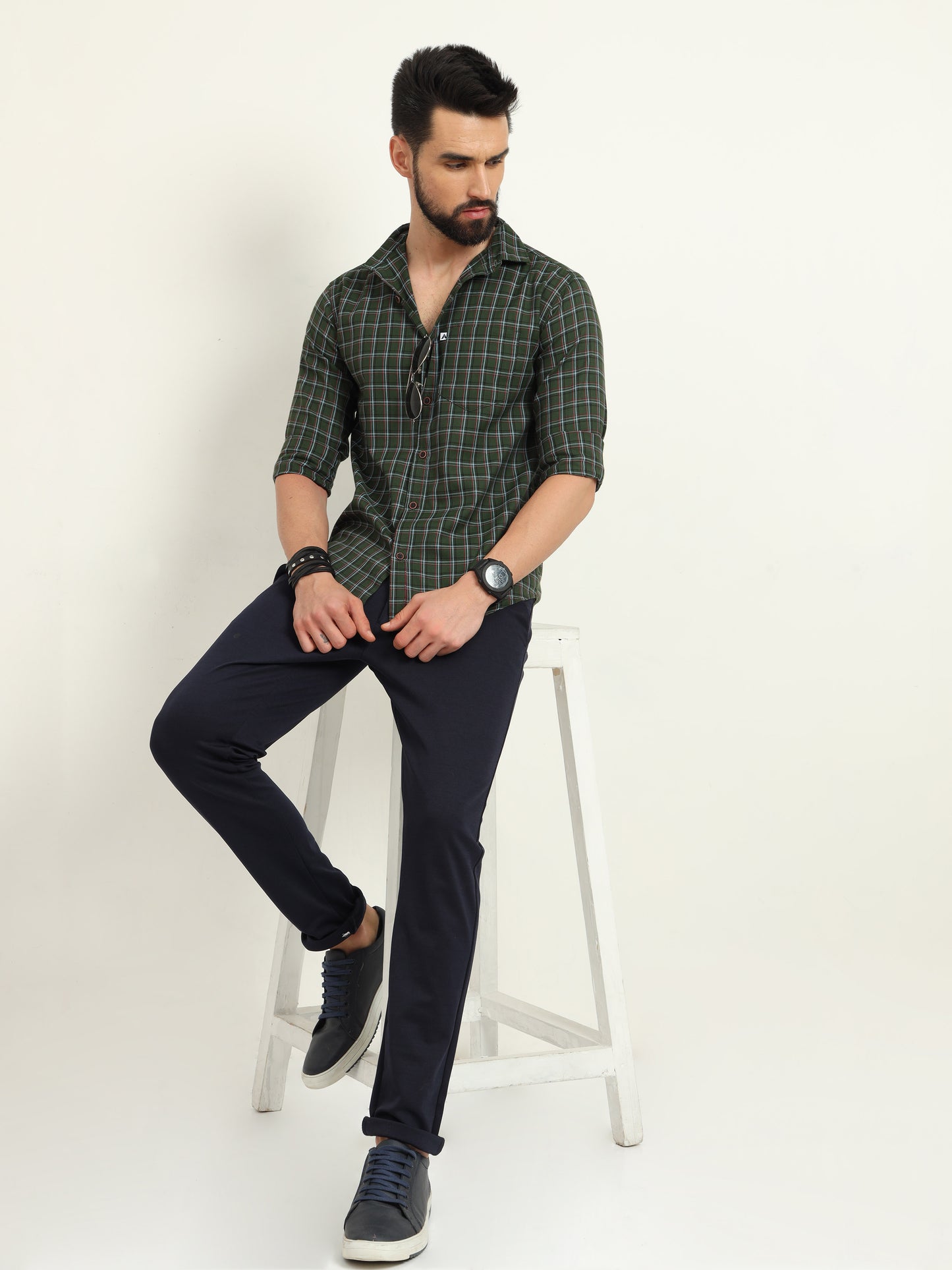 Mini Military Green Checked Shirt for Men