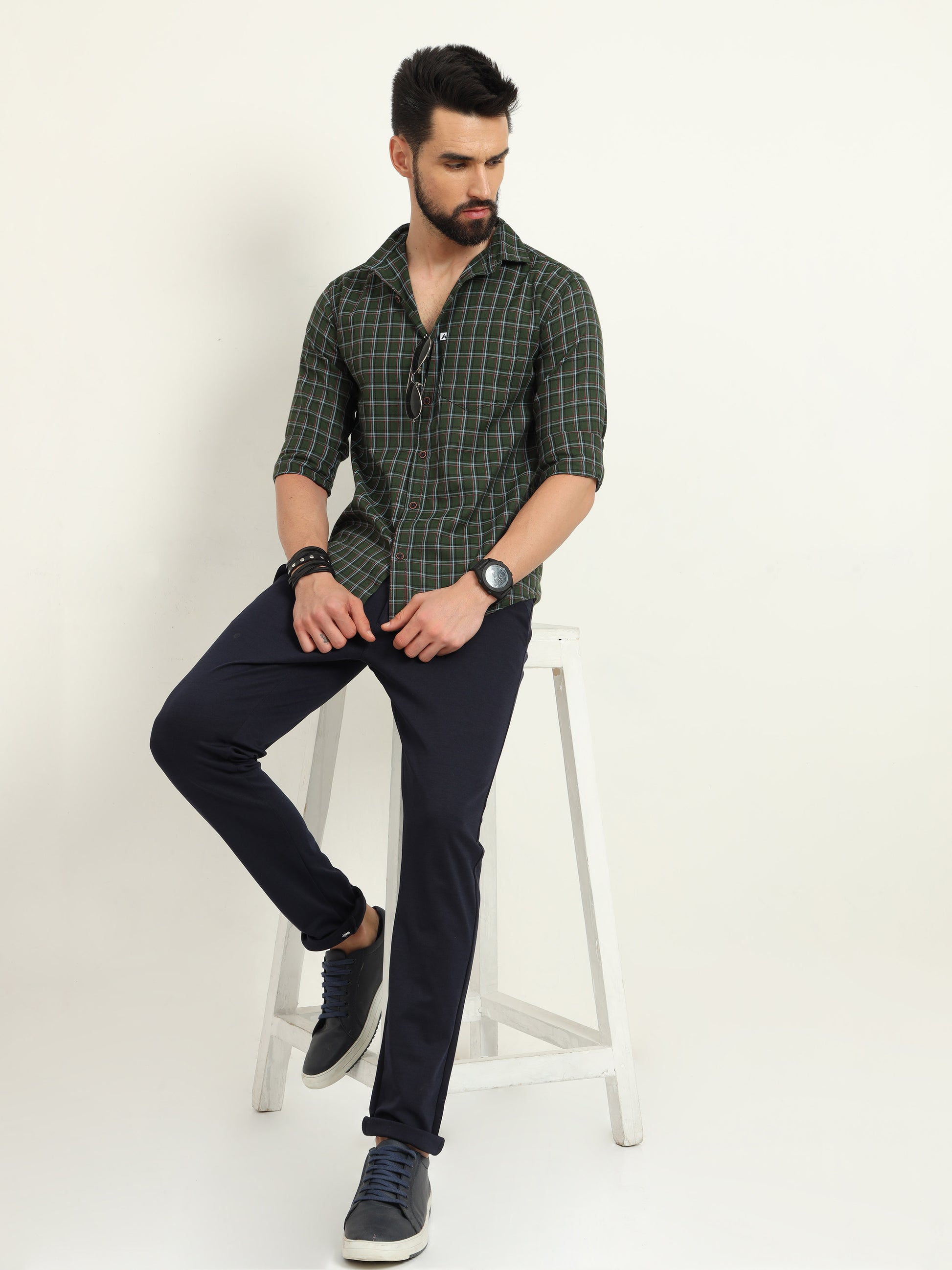 Mini Military Green Checked Shirt for Men