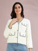 Women's White Tweed sweater with Black Contrast Trim & Pearl Buttons – Elegant Winter Wear