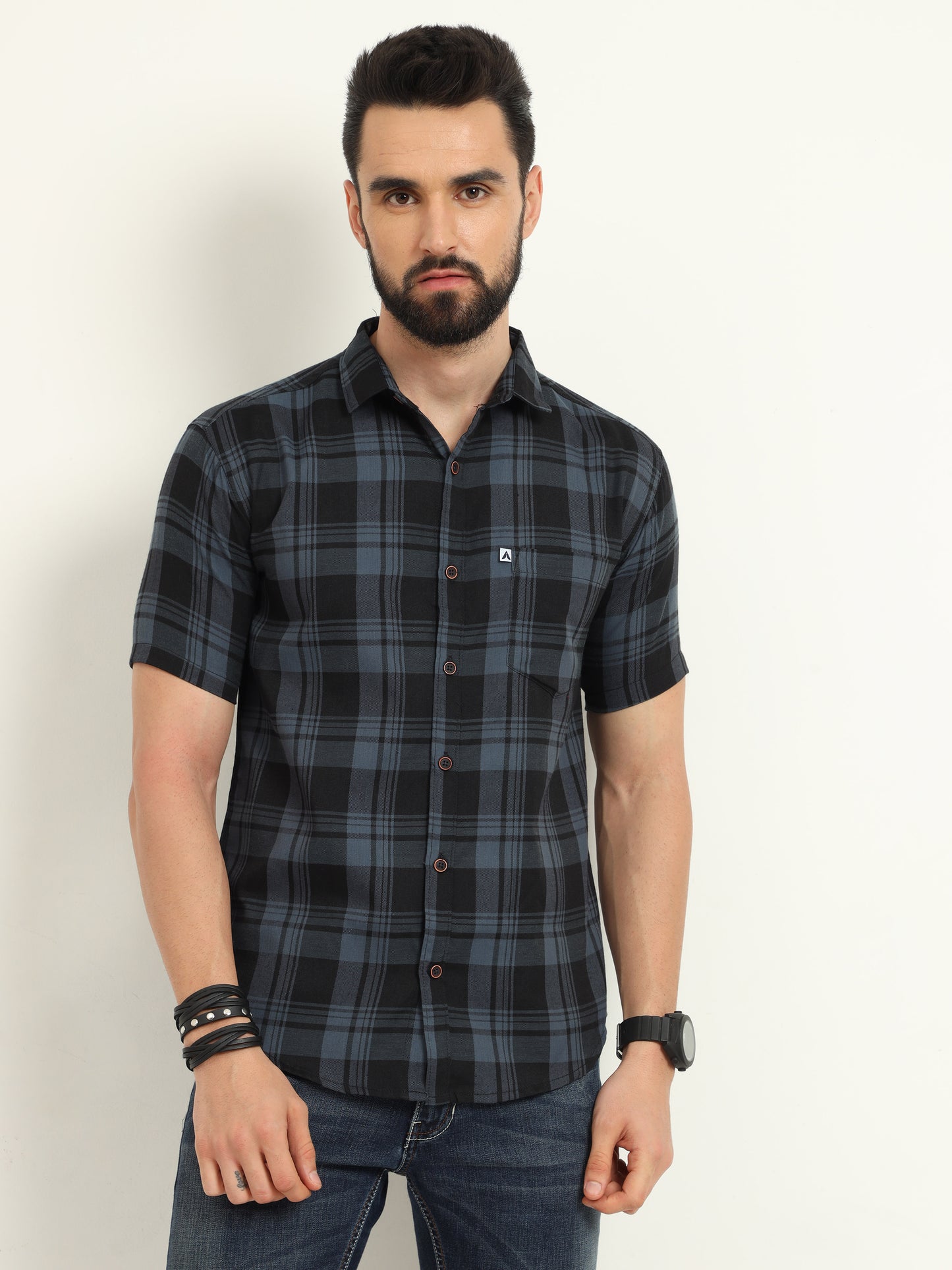 Half Sleeve Cotton Blend Wanted Grey Plaid Shirt Mens