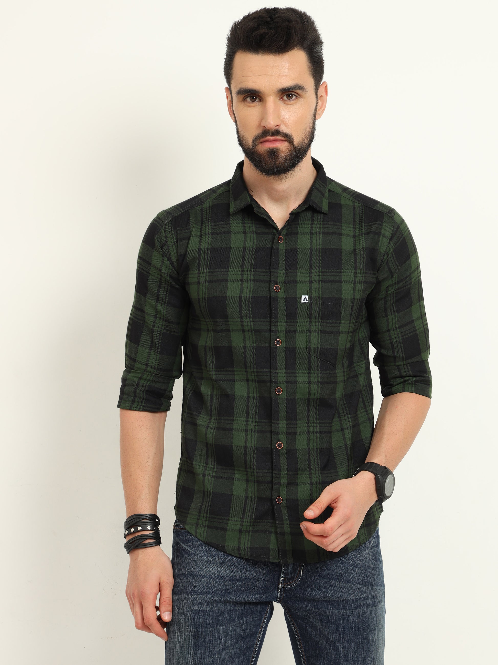Wanted Green Long Sleeve Plaid Button Up Shirts for Men