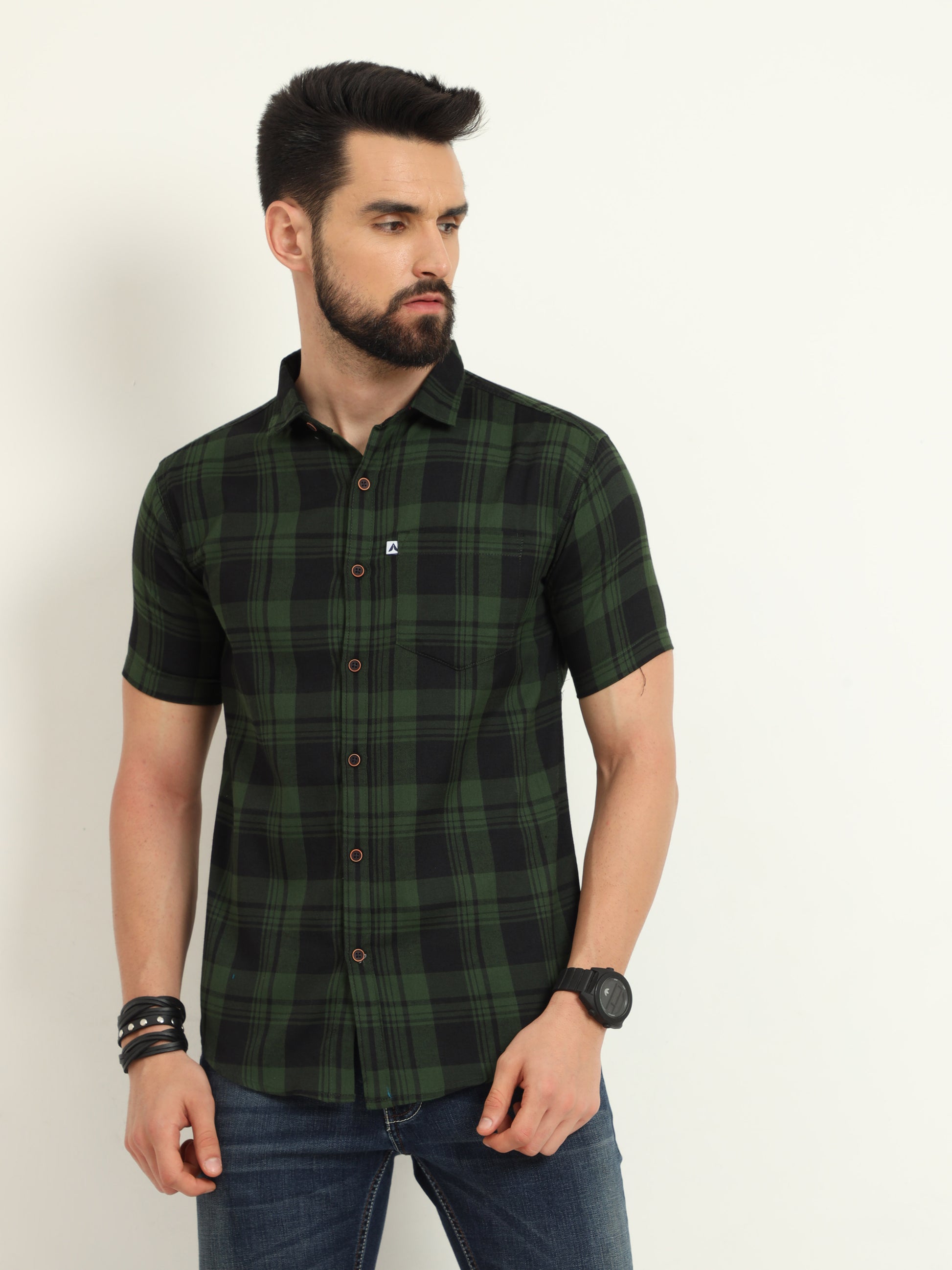 Wanted Cotton Blend Green Plaid Slim Casual Shirt For Men