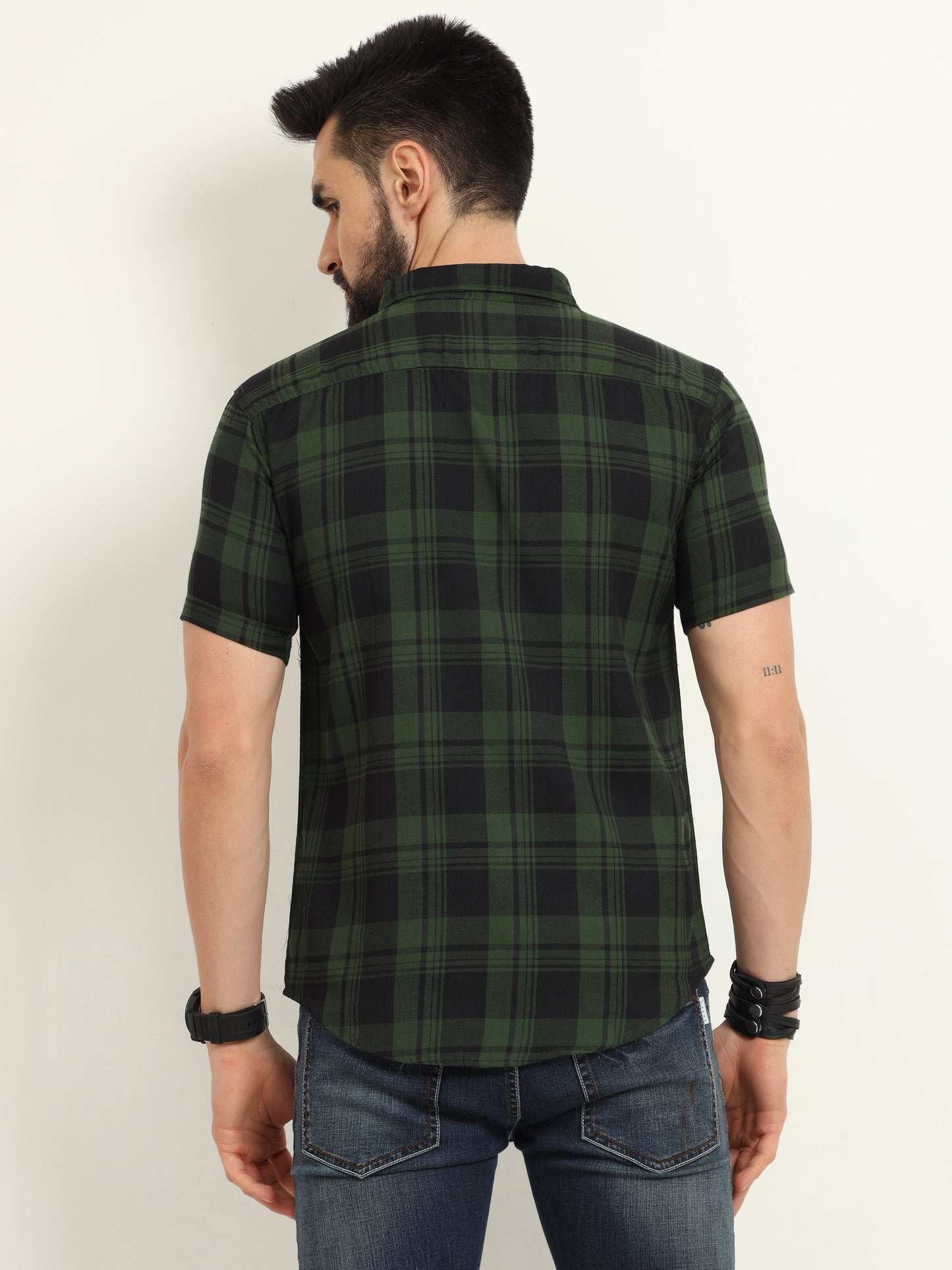 Wanted Cotton Blend Green Plaid Slim Casual Shirt For Men