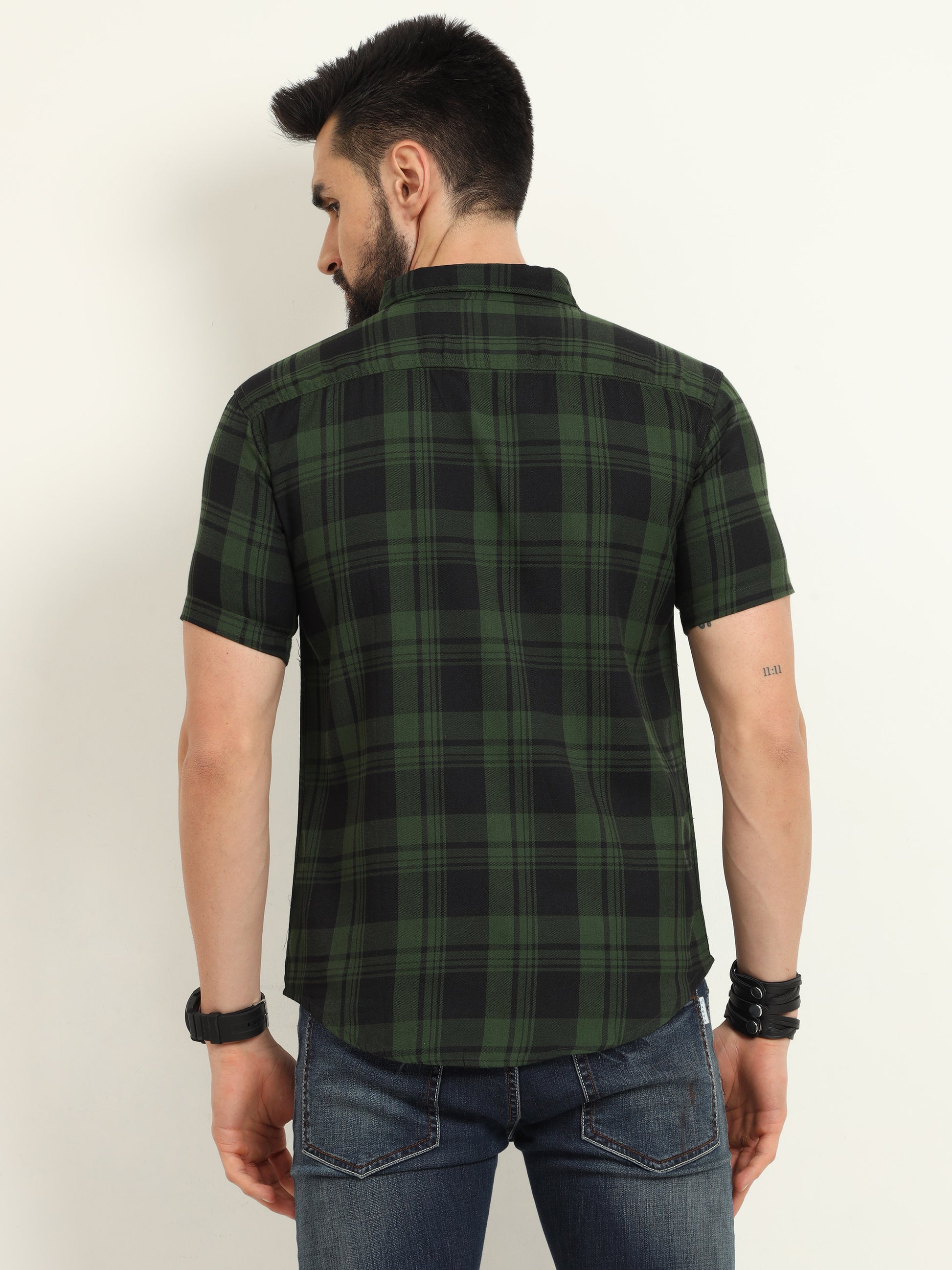 Wanted Cotton Blend Green Plaid Slim Casual Shirt For Men