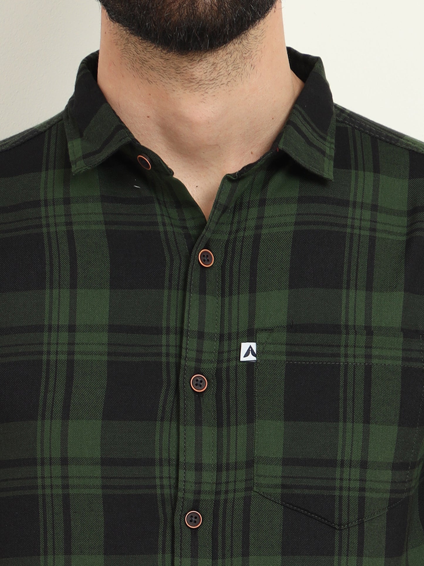 Wanted Cotton Blend Green Plaid Slim Casual Shirt For Men