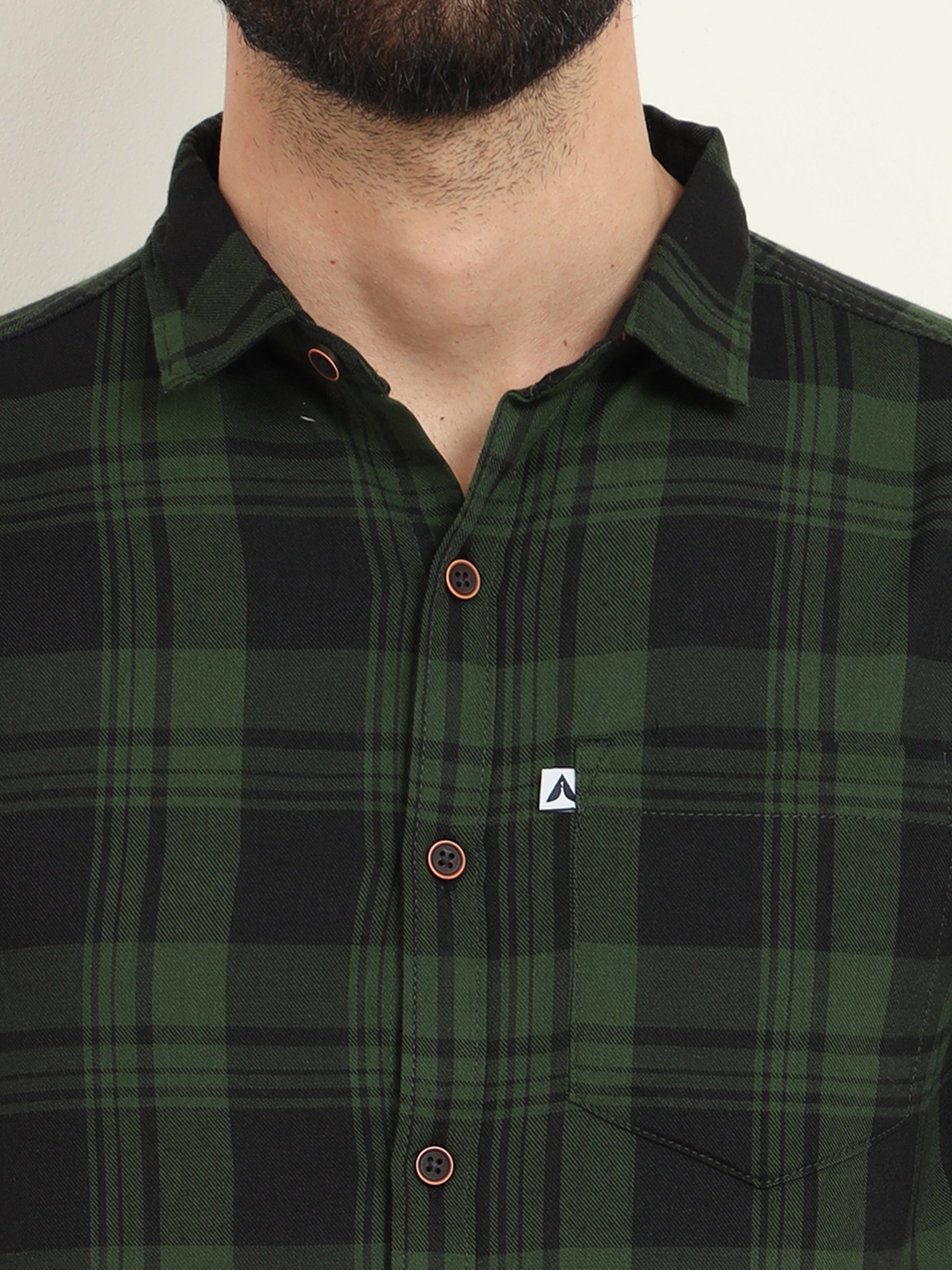 Wanted Cotton Blend Green Plaid Slim Casual Shirt For Men