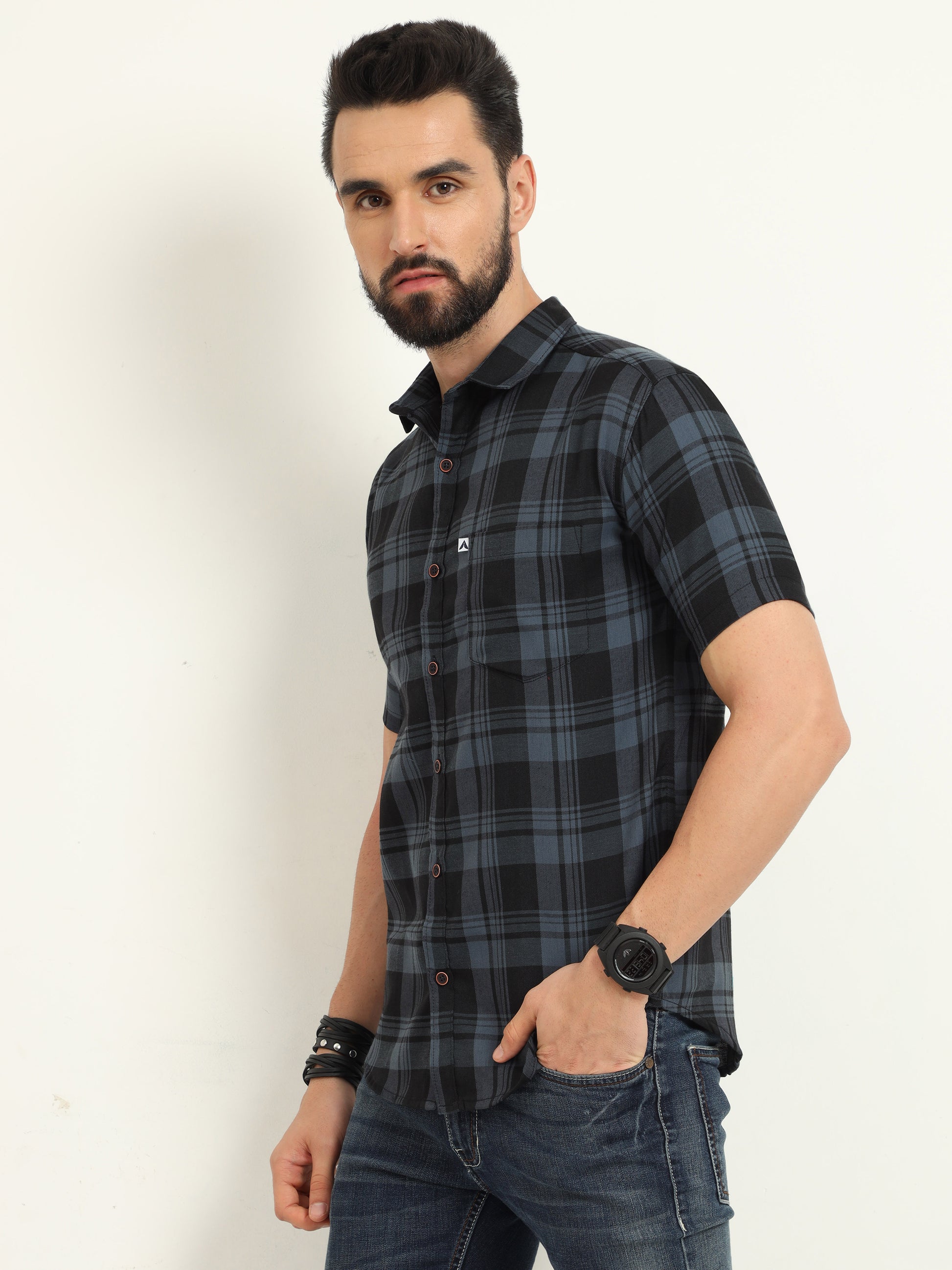 Half Sleeve Cotton Blend Wanted Grey Plaid Shirt Mens