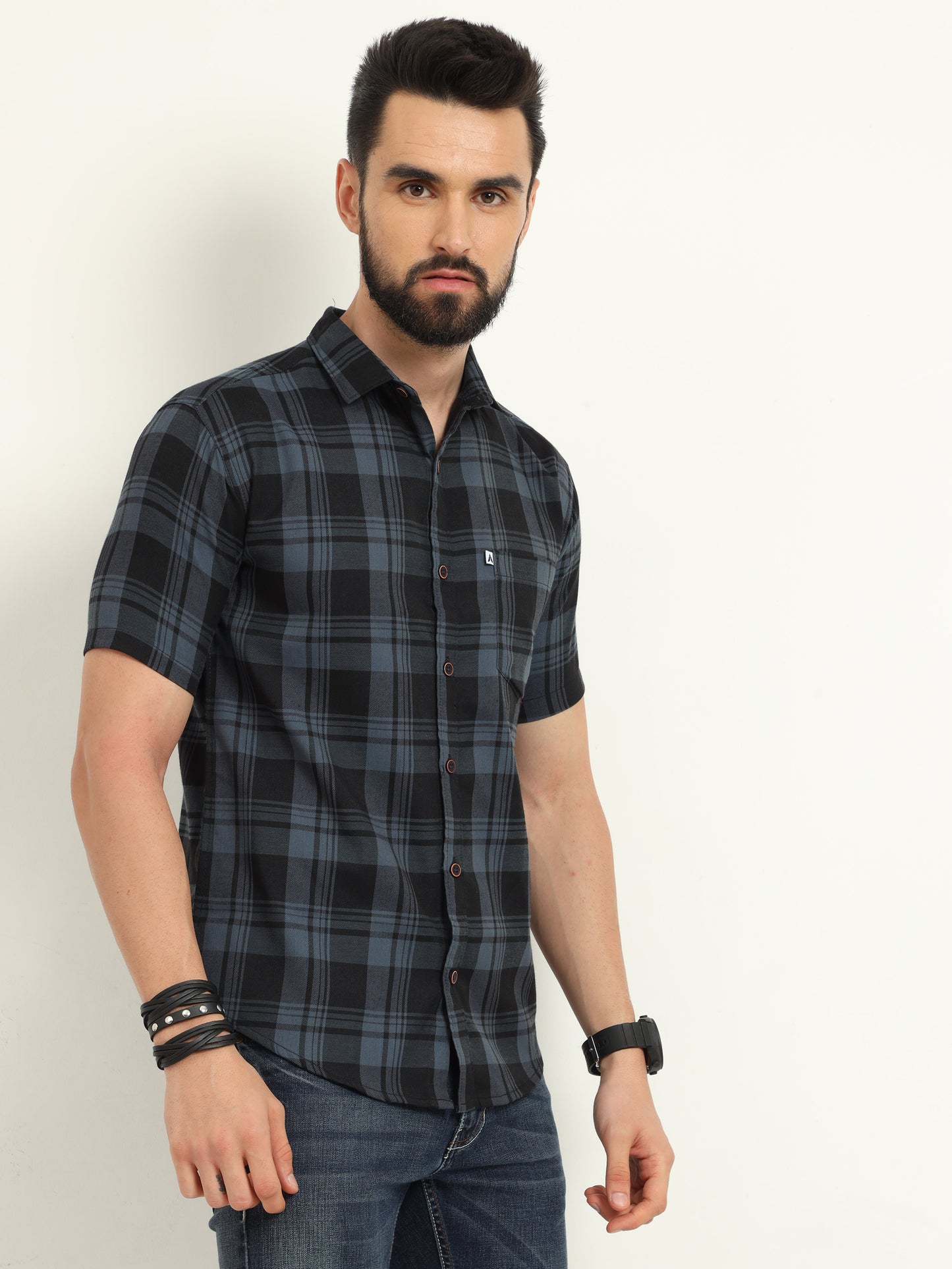 Half Sleeve Cotton Blend Wanted Grey Plaid Shirt Mens
