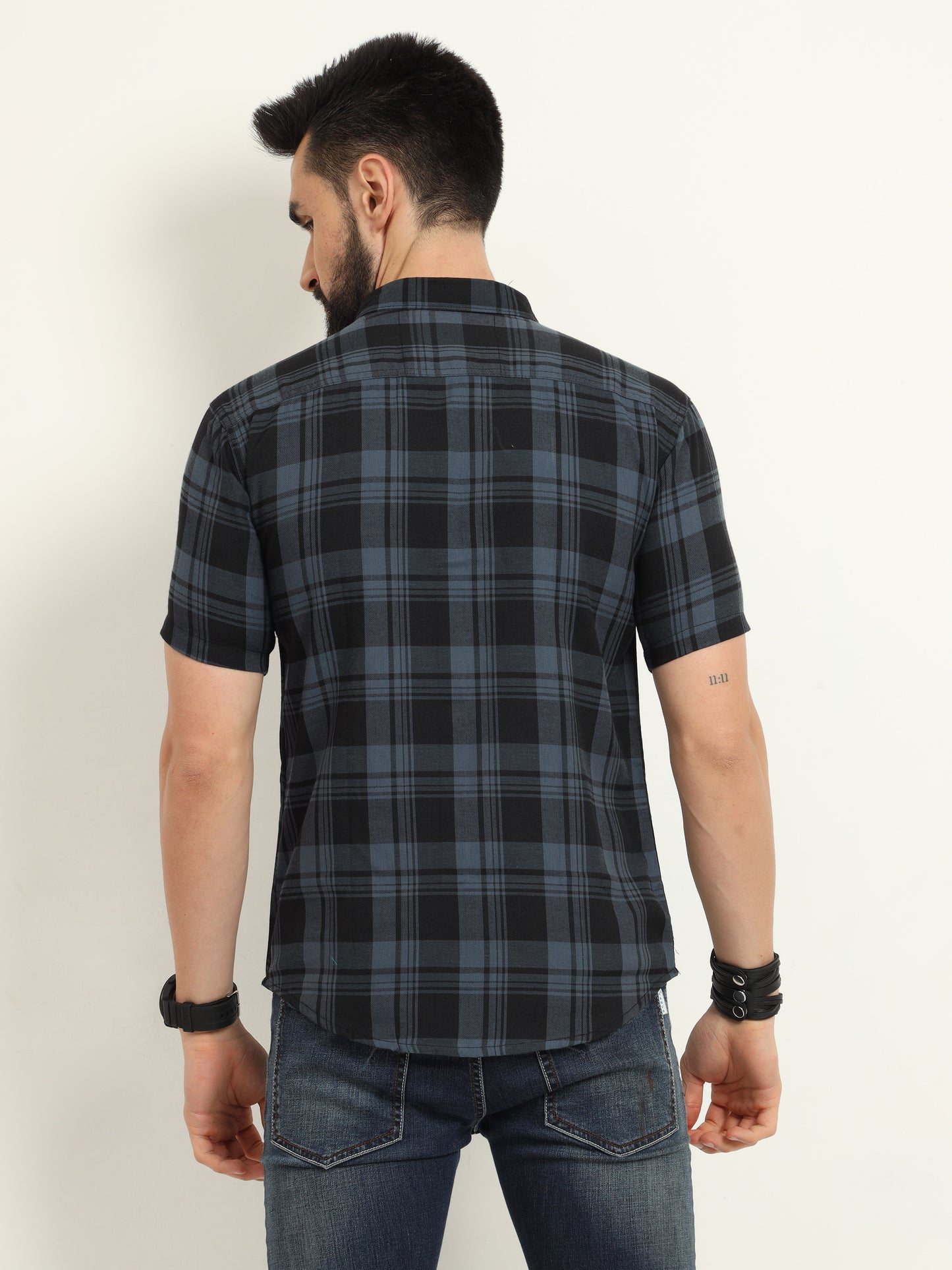 Half Sleeve Cotton Blend Wanted Grey Plaid Shirt Mens