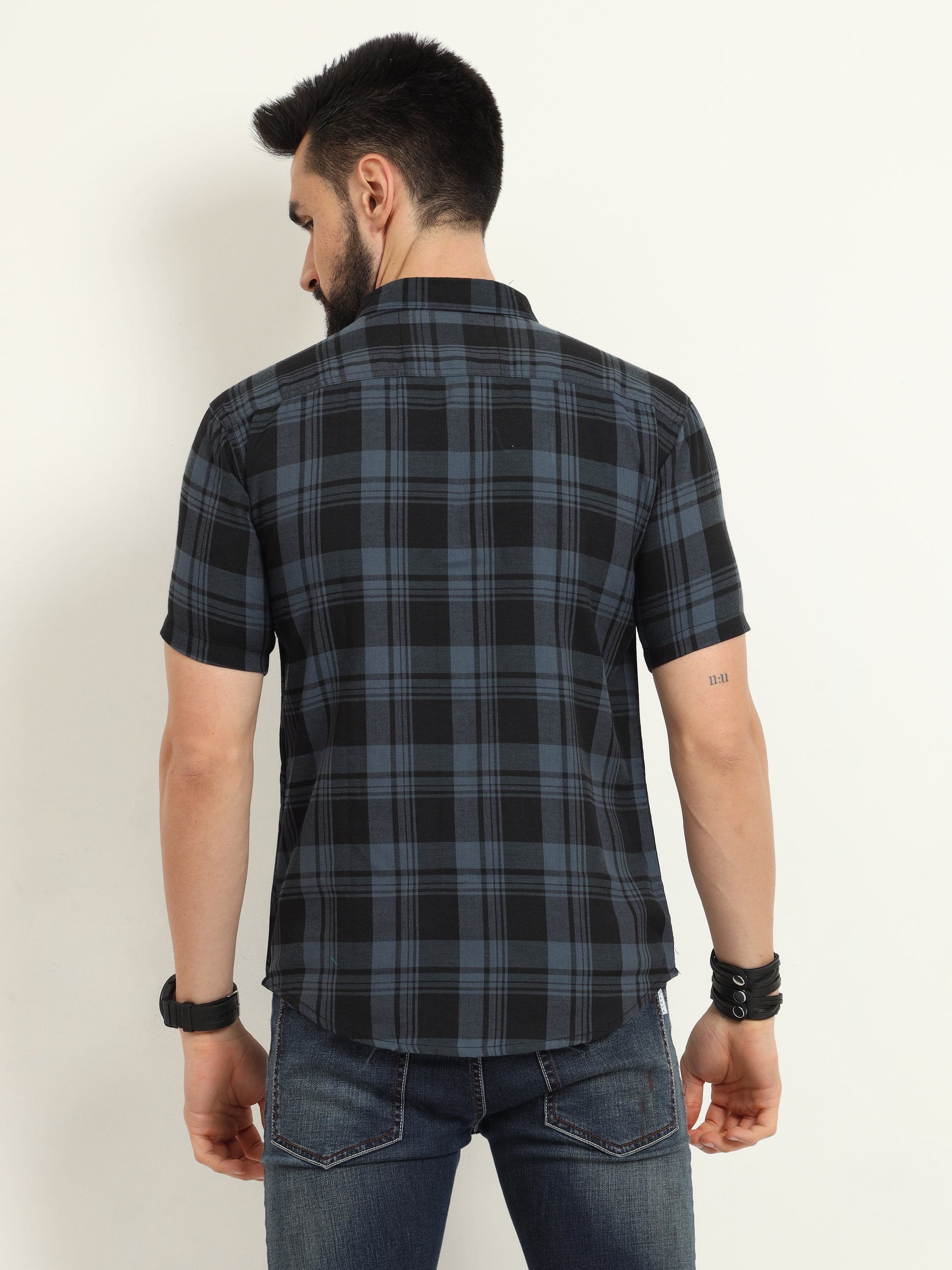 Half Sleeve Cotton Blend Wanted Grey Plaid Shirt Mens