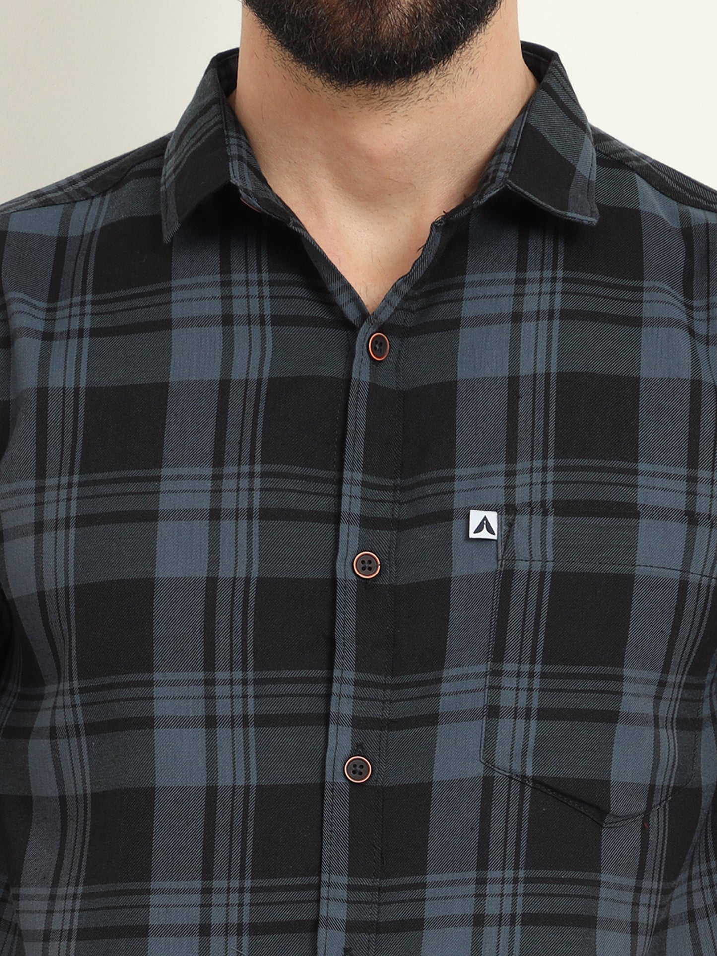 Half Sleeve Cotton Blend Wanted Grey Plaid Shirt Mens