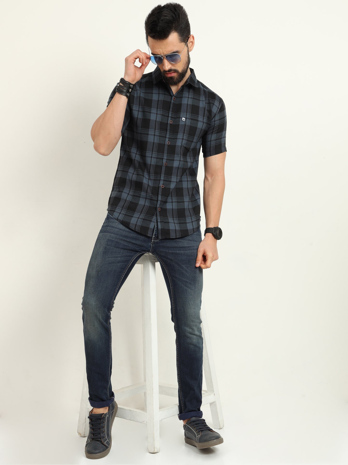 Half Sleeve Cotton Blend Wanted Grey Plaid Shirt Mens