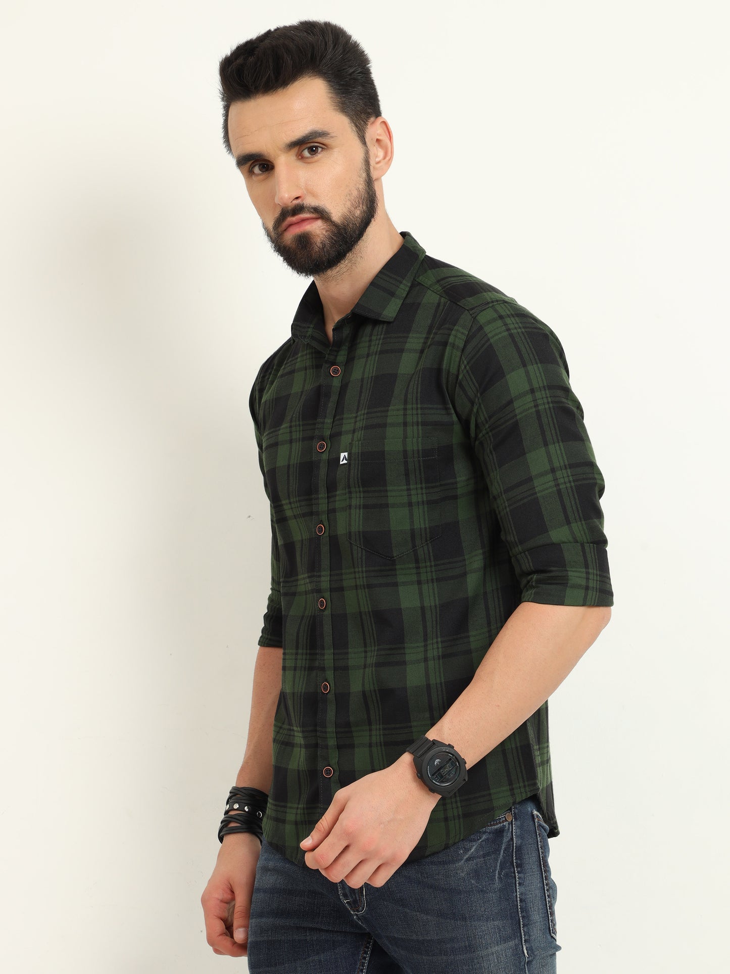 Wanted Green Long Sleeve Plaid Button Up Shirts for Men