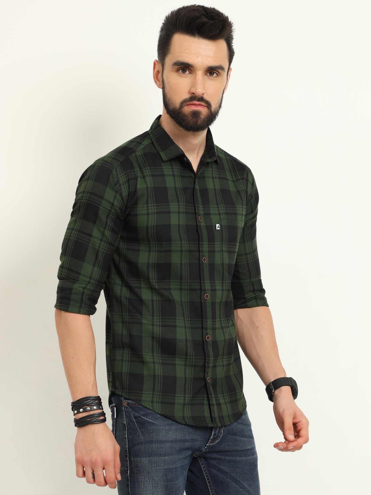 Wanted Green Long Sleeve Plaid Button Up Shirts for Men