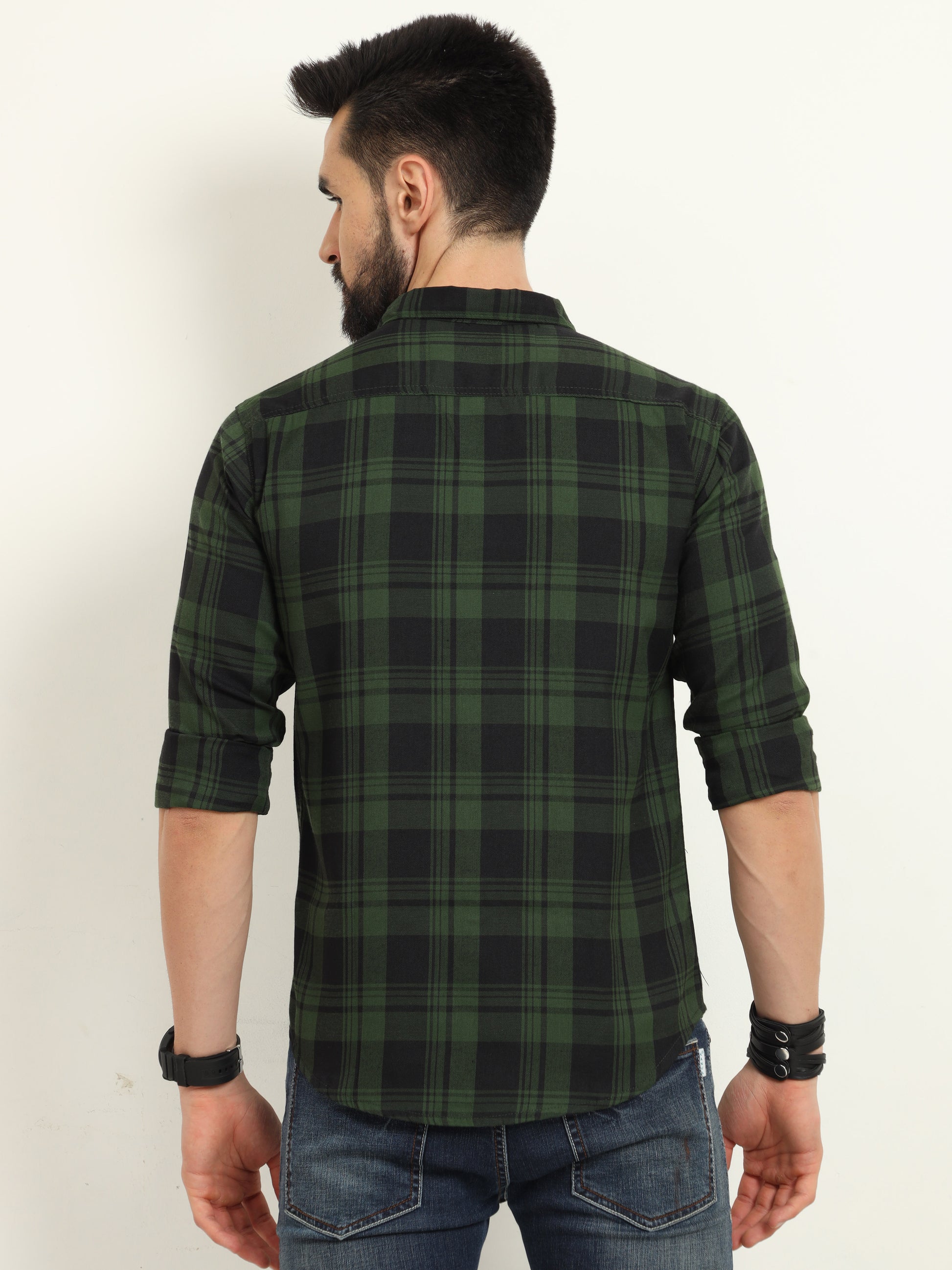 Wanted Green Long Sleeve Plaid Button Up Shirts for Men