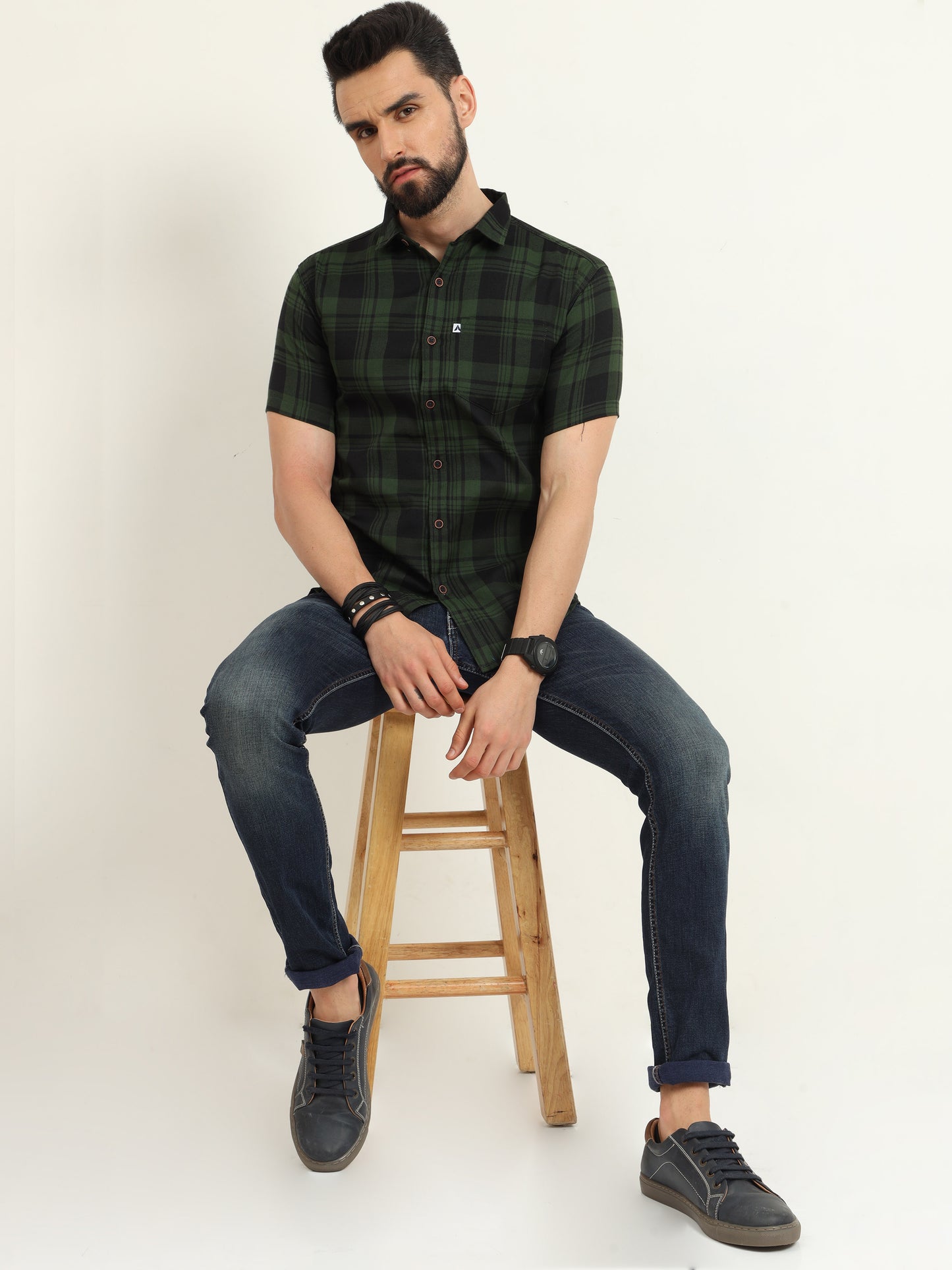 Wanted Cotton Blend Green Plaid Slim Casual Shirt For Men
