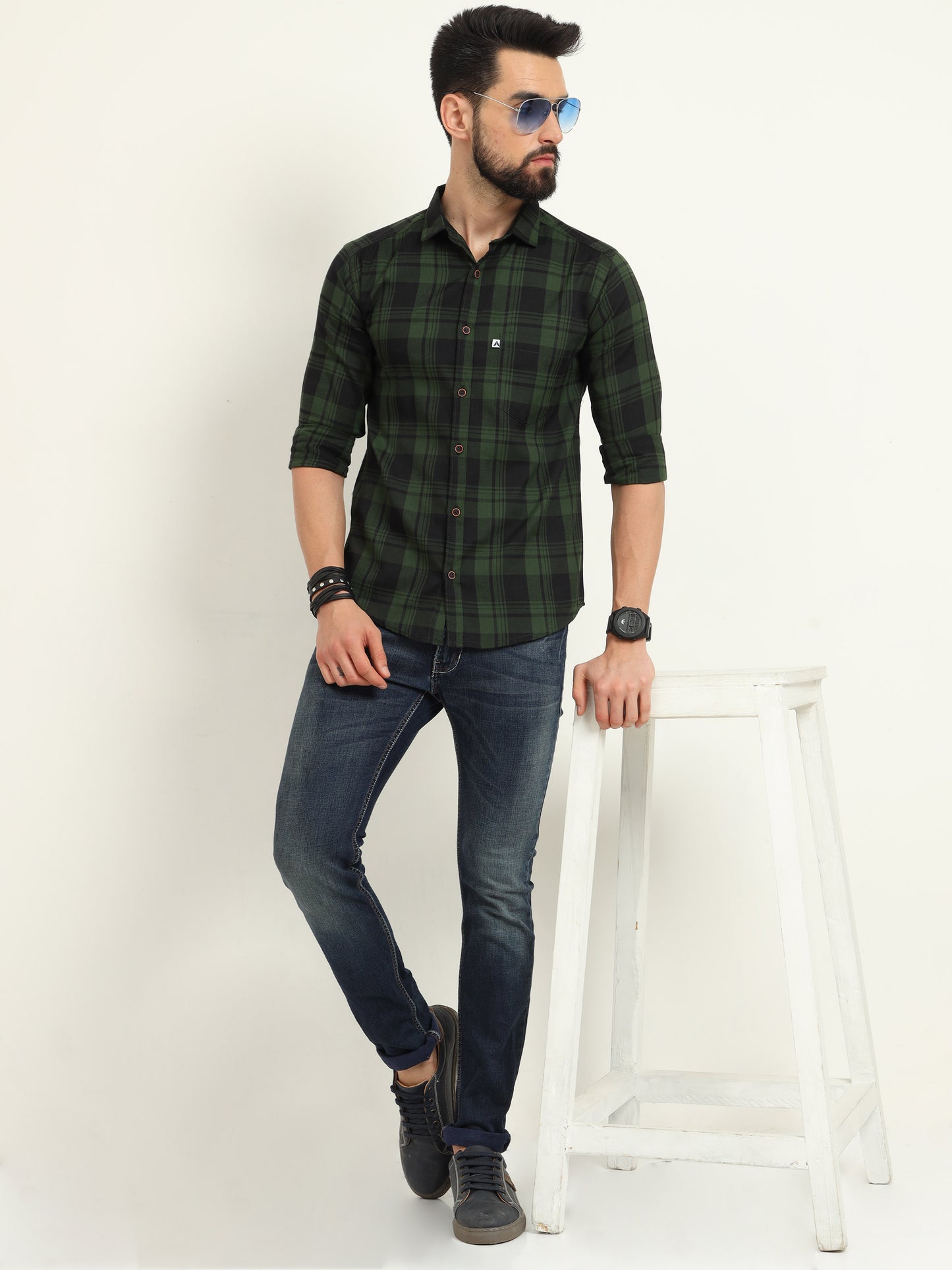 Wanted Green Long Sleeve Plaid Button Up Shirts for Men