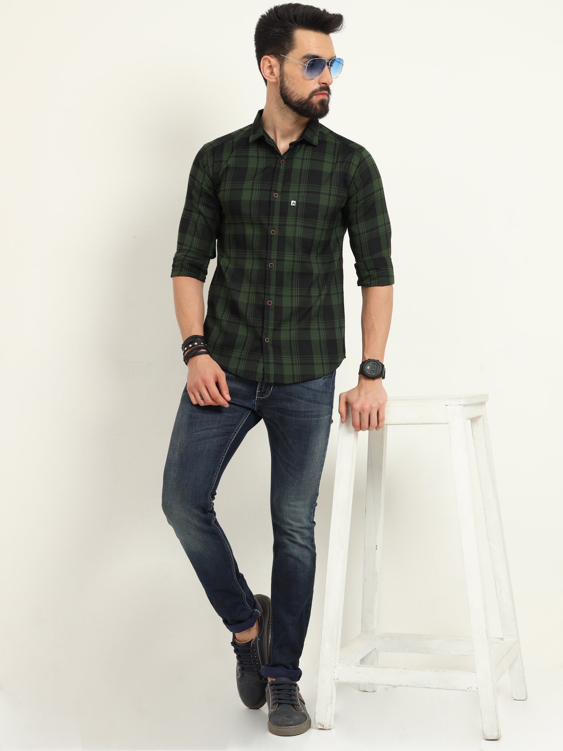 Wanted Green Long Sleeve Plaid Button Up Shirts for Men