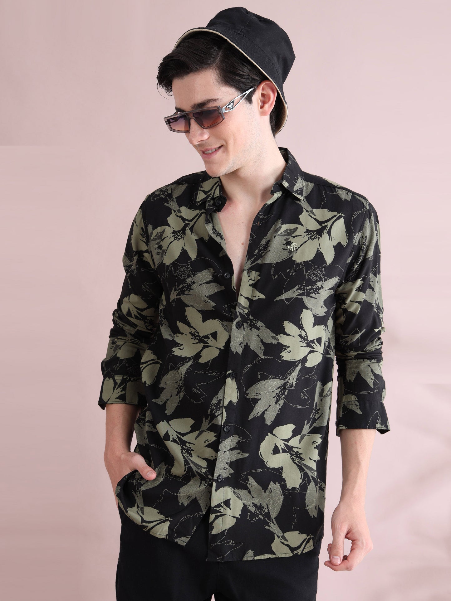Black & Olive Leaf Printed Men's Rayon Shirt