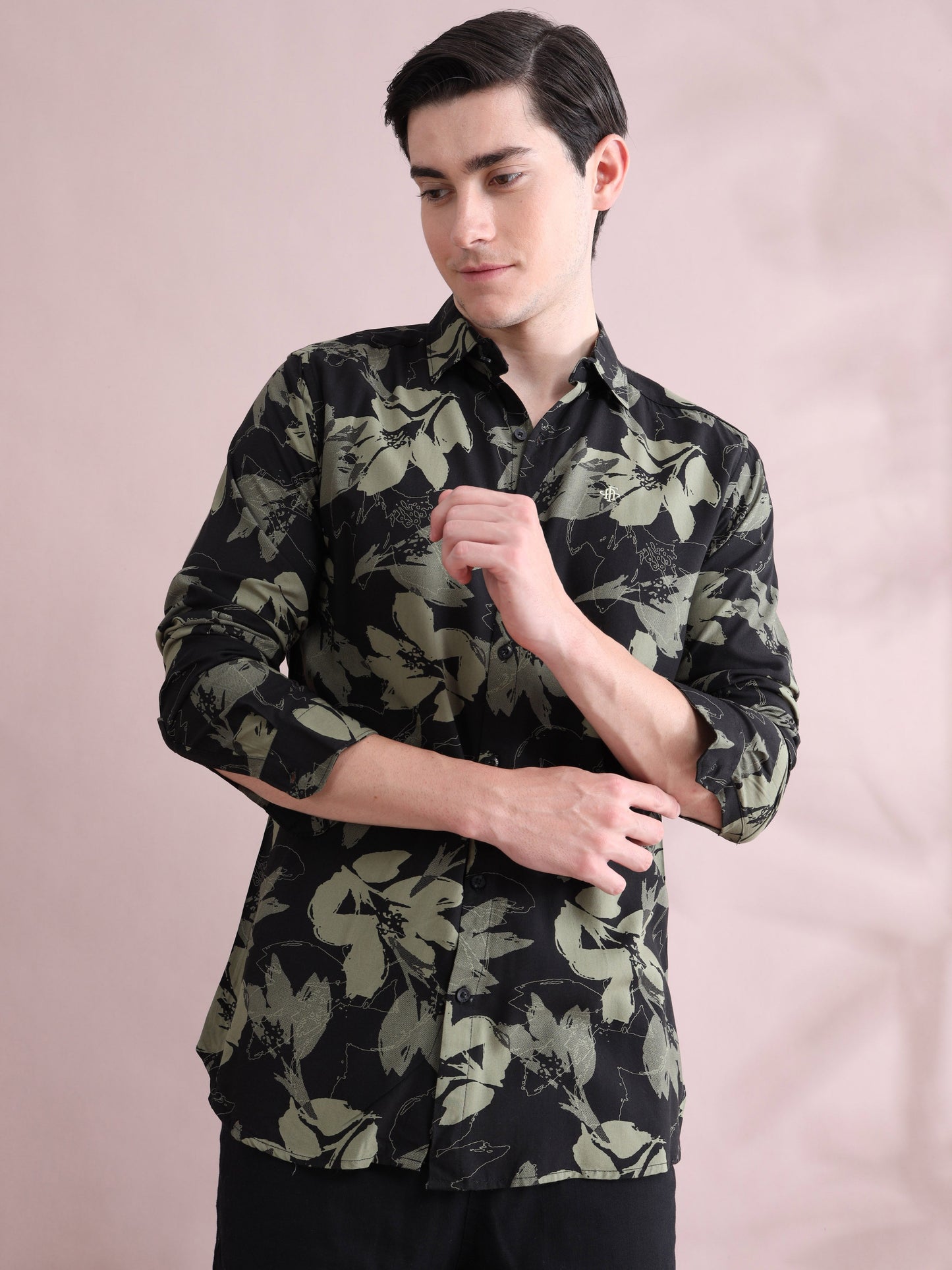 Black & Olive Leaf Printed Men's Rayon Shirt