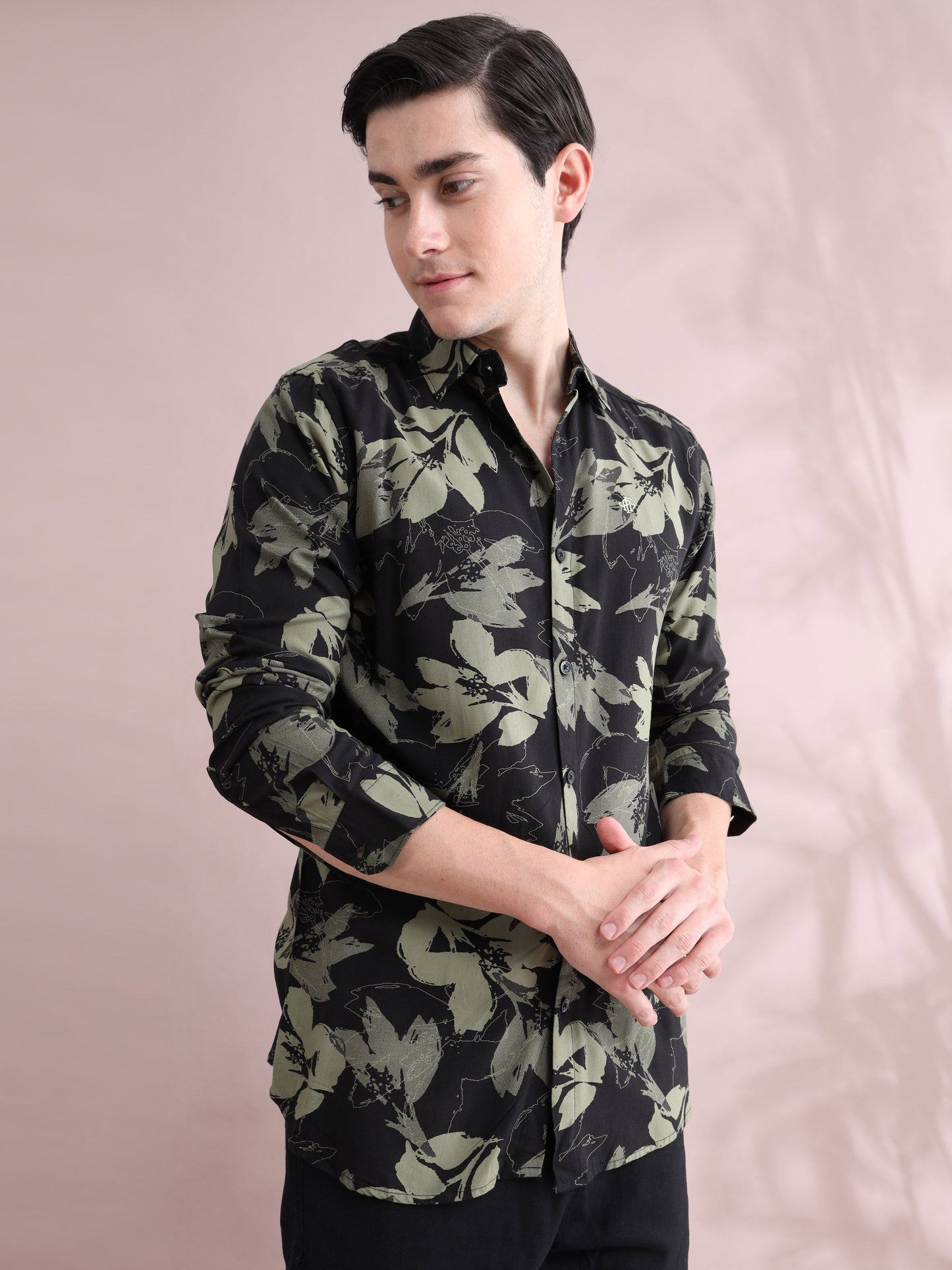 Black & Olive Leaf Printed Men's Rayon Shirt