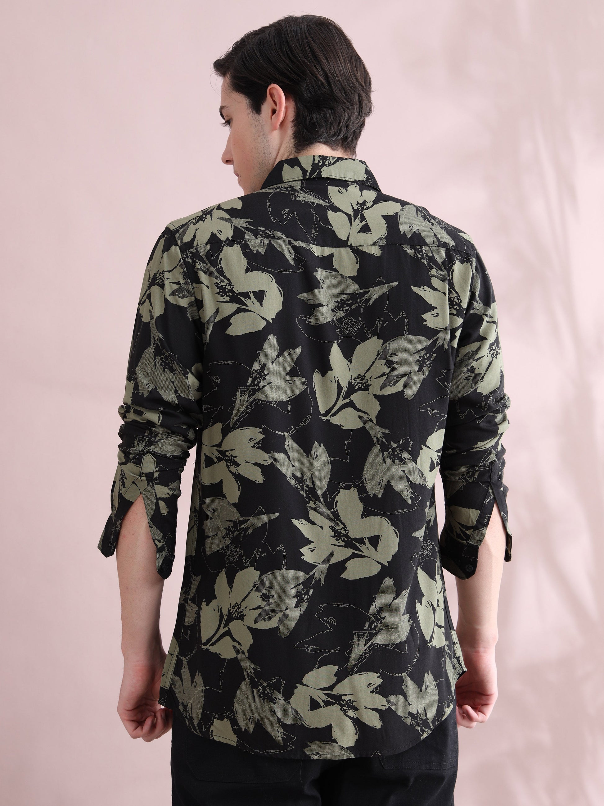 Black & Olive Leaf Printed Men's Rayon Shirt
