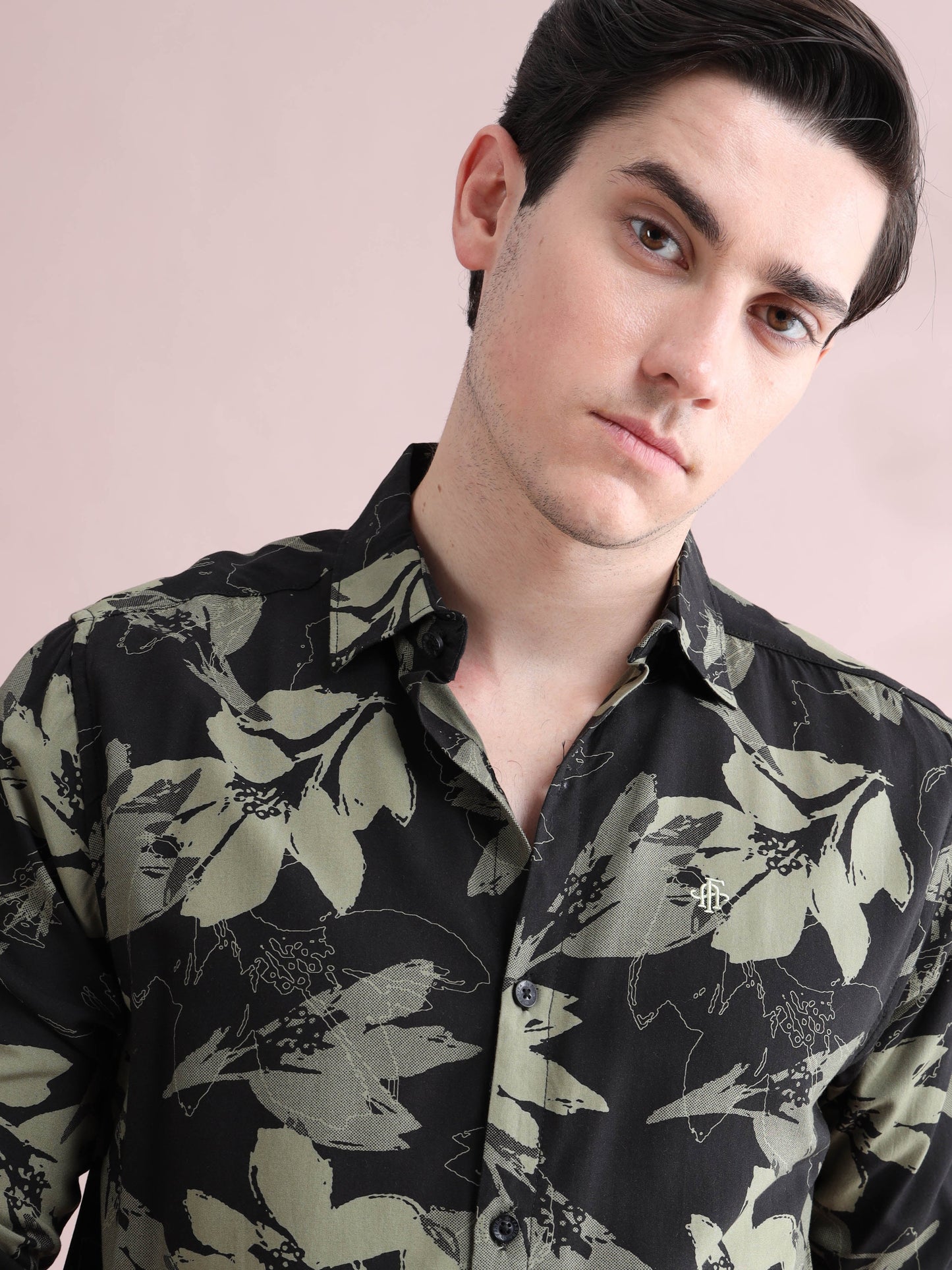 Black & Olive Leaf Printed Men's Rayon Shirt