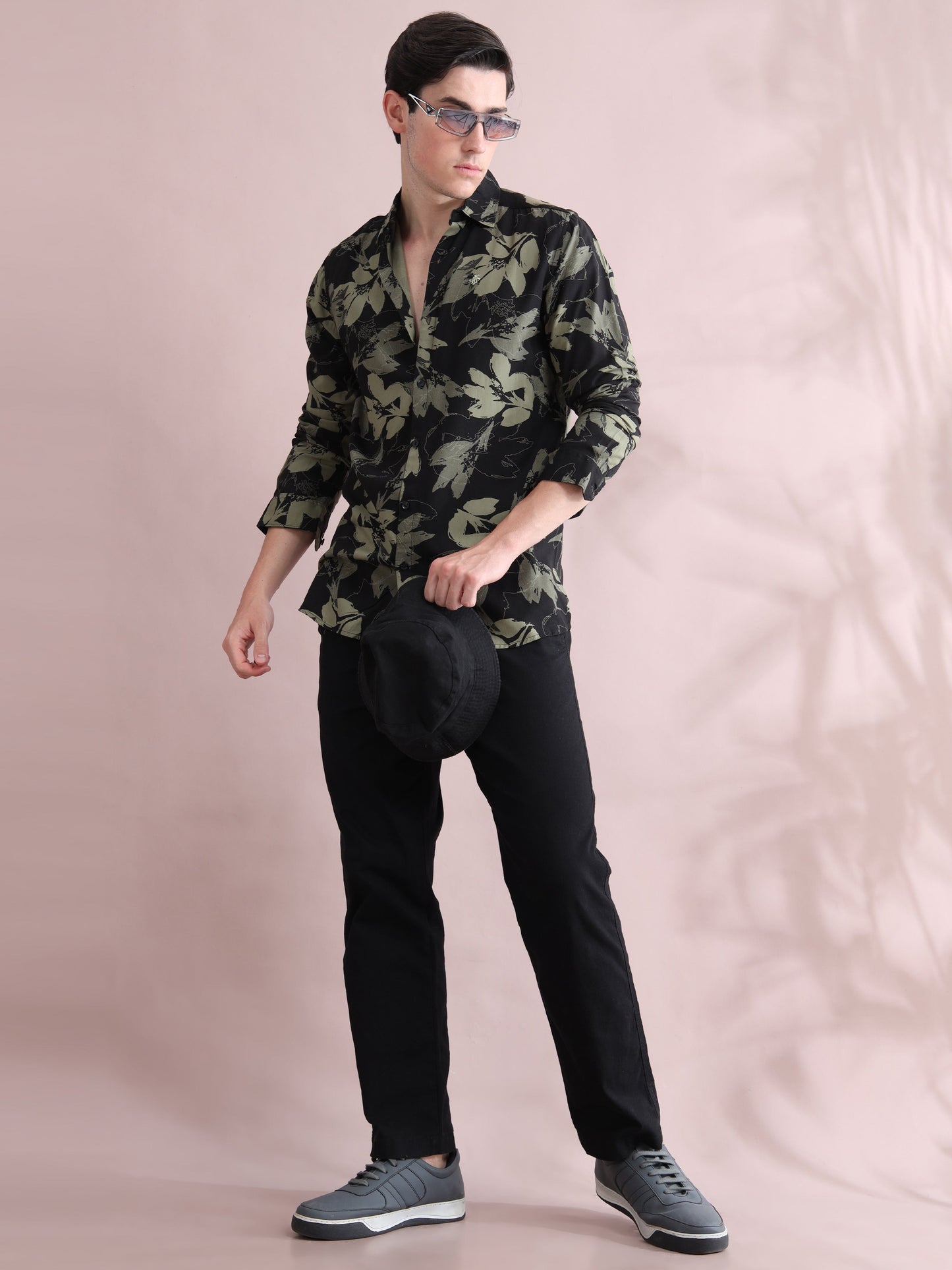 Black & Olive Leaf Printed Men's Rayon Shirt