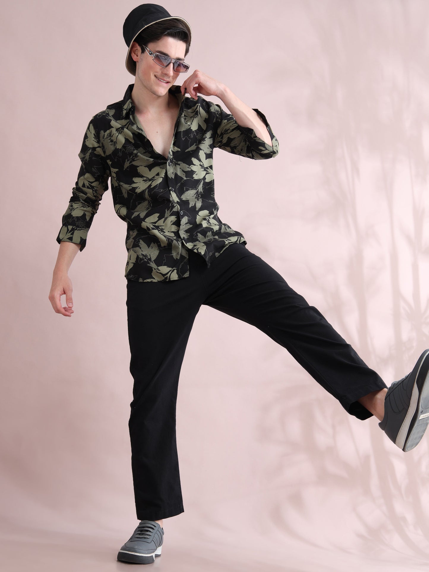 Black & Olive Leaf Printed Men's Rayon Shirt