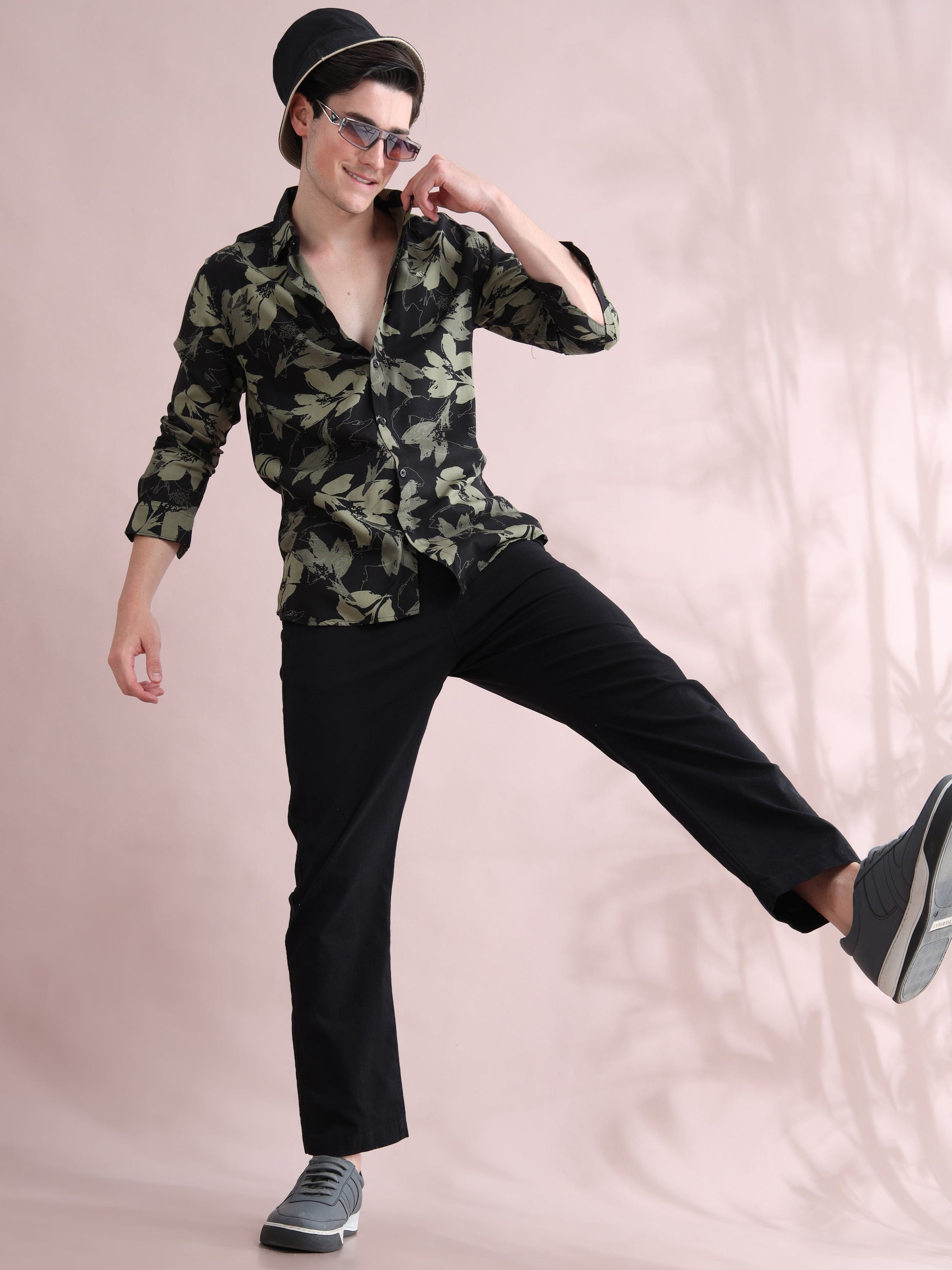 Black & Olive Leaf Printed Men's Rayon Shirt