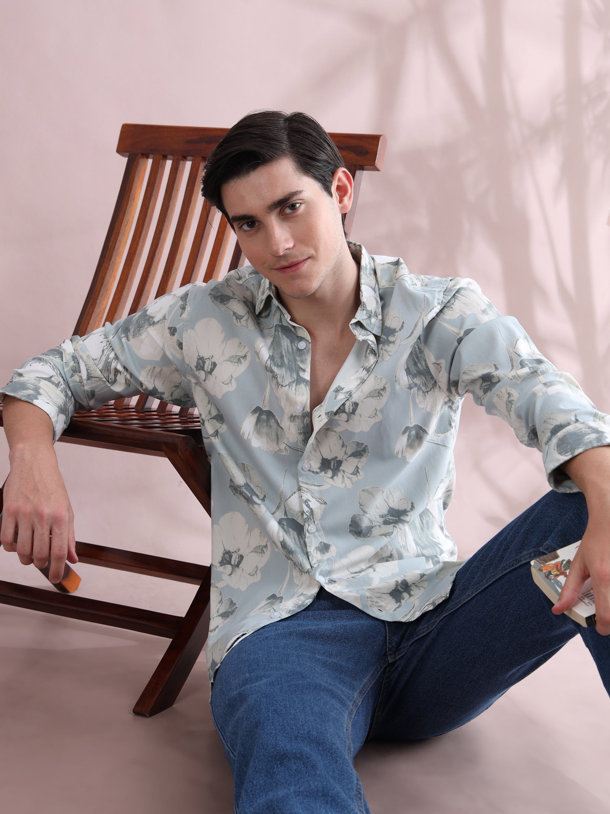 Full sleeve Aqua Blue Lycra Shirt Printed for Men