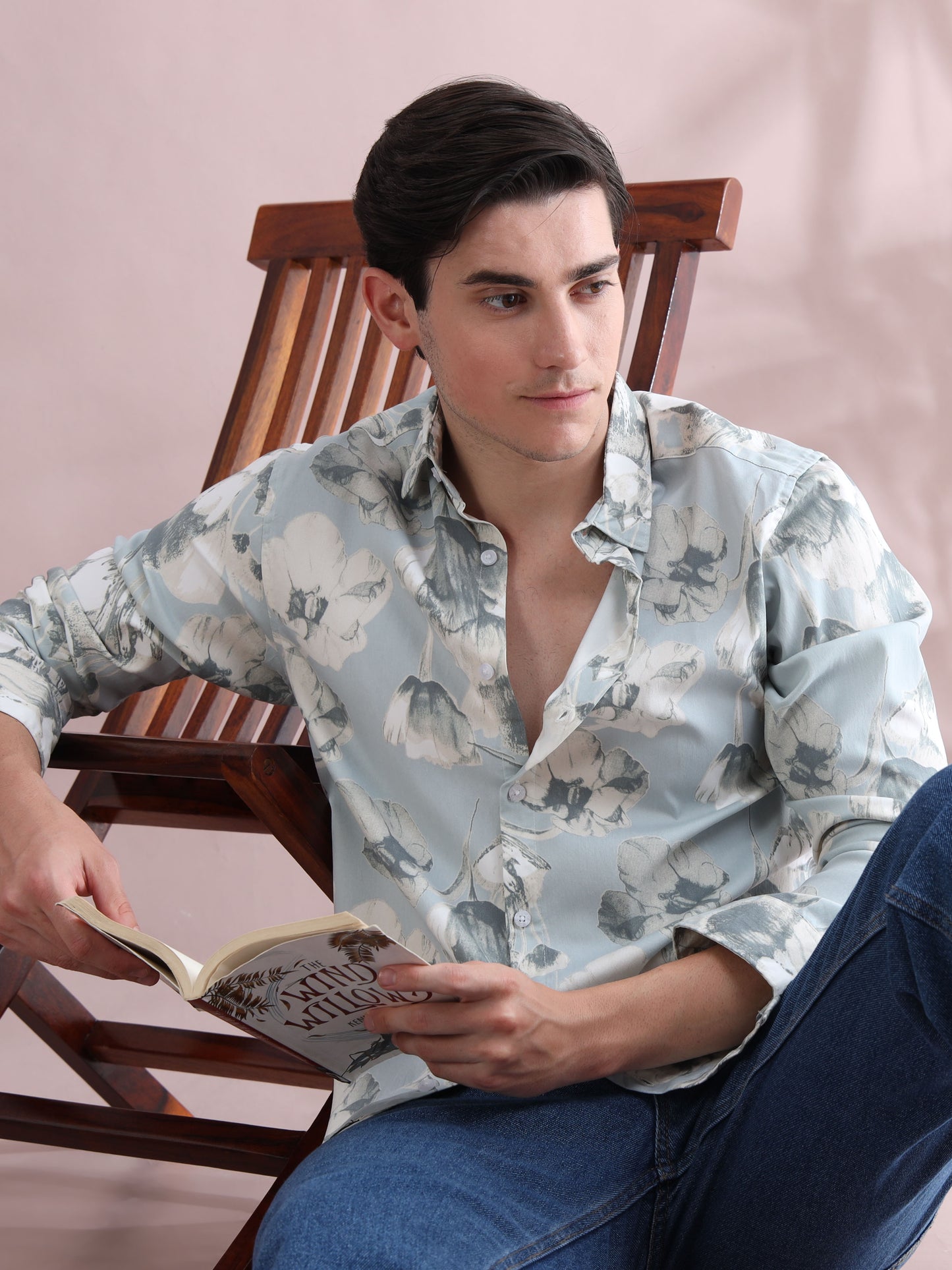 Full sleeve Aqua Blue Lycra Shirt Printed for Men